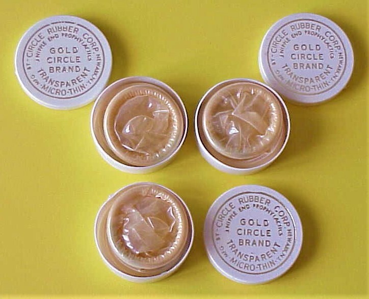 NINE VINTAGE, GOLD CIRCLE BRAND CONDOMS / RUBBERS, NIPPLE END, 3 packs of 3. NINE VINTAGE, GOLD CIRCLE BRAND CONDOMS / RUBBERS, NIPPLE END, 3 packs of 3.