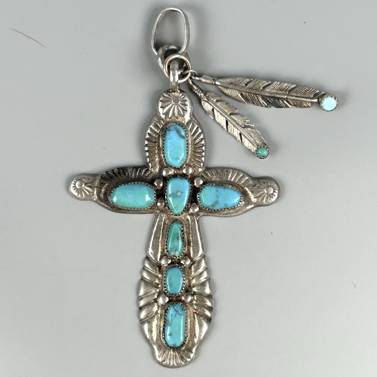 Horace Iule Zuni Turquoise Sterling 3” Silver Cross Pendant Feather Dangles 28g Horace Iule Zuni Turquoise Sterling 3” Silver Cross Pendant Feather Dangles 28g