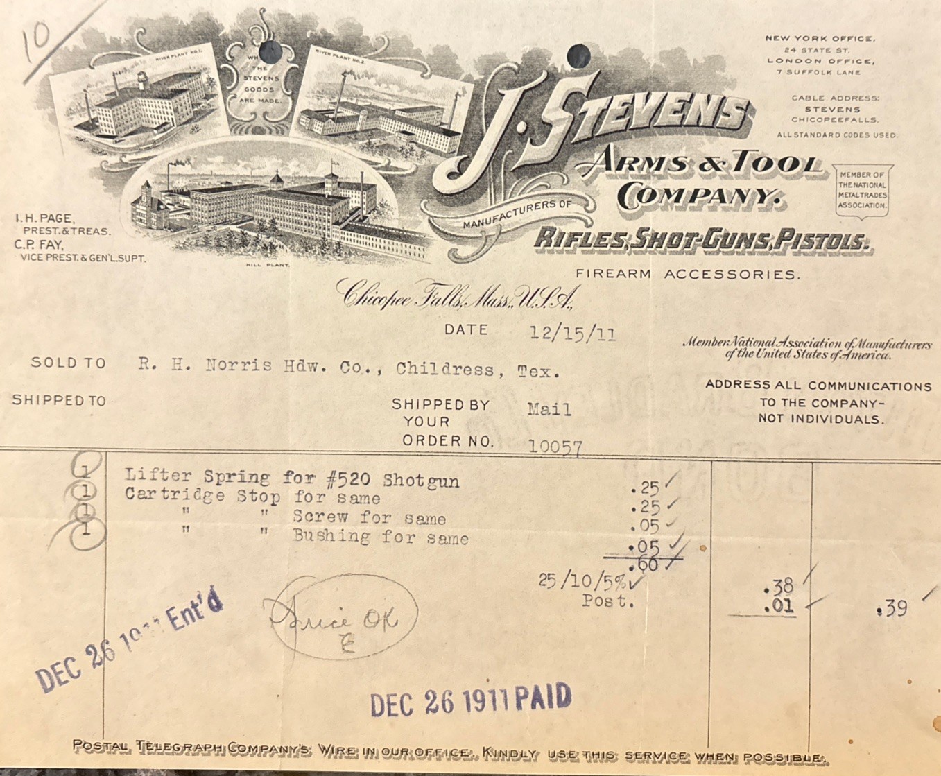 J Stevens Arms & Tool- Rifles, Shotguns & Pistols Fancy Letter Head Bill-1911 J Stevens Arms & Tool- Rifles, Shotguns & Pistols Fancy Letter Head Bill-1911