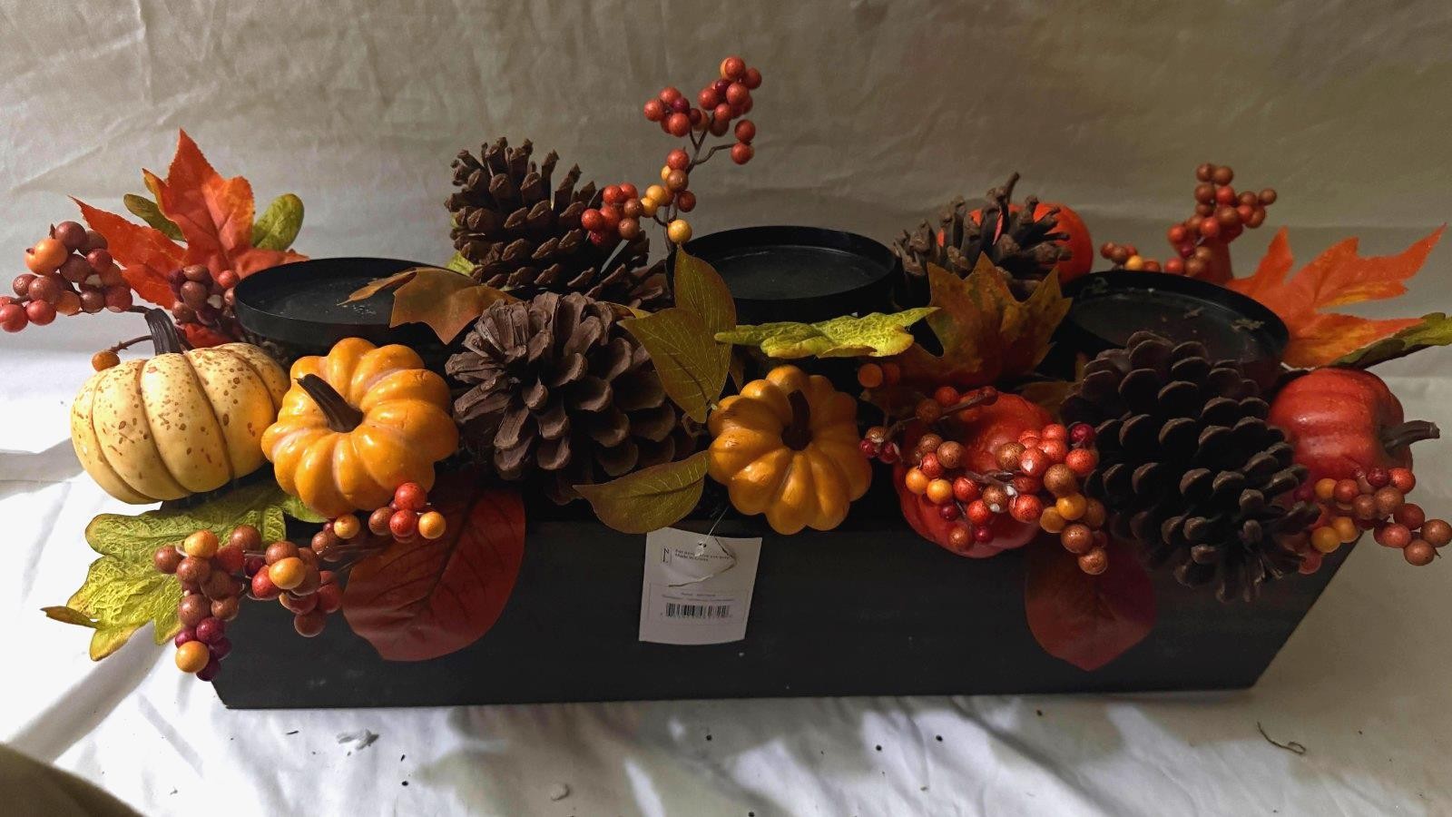 Northlight 27" Pumpkin, Berry Pine Cone Fall Harvest Triple Pillar Candle Holder Northlight 27" Pumpkin, Berry Pine Cone Fall Harvest Triple Pillar Candle Holder
