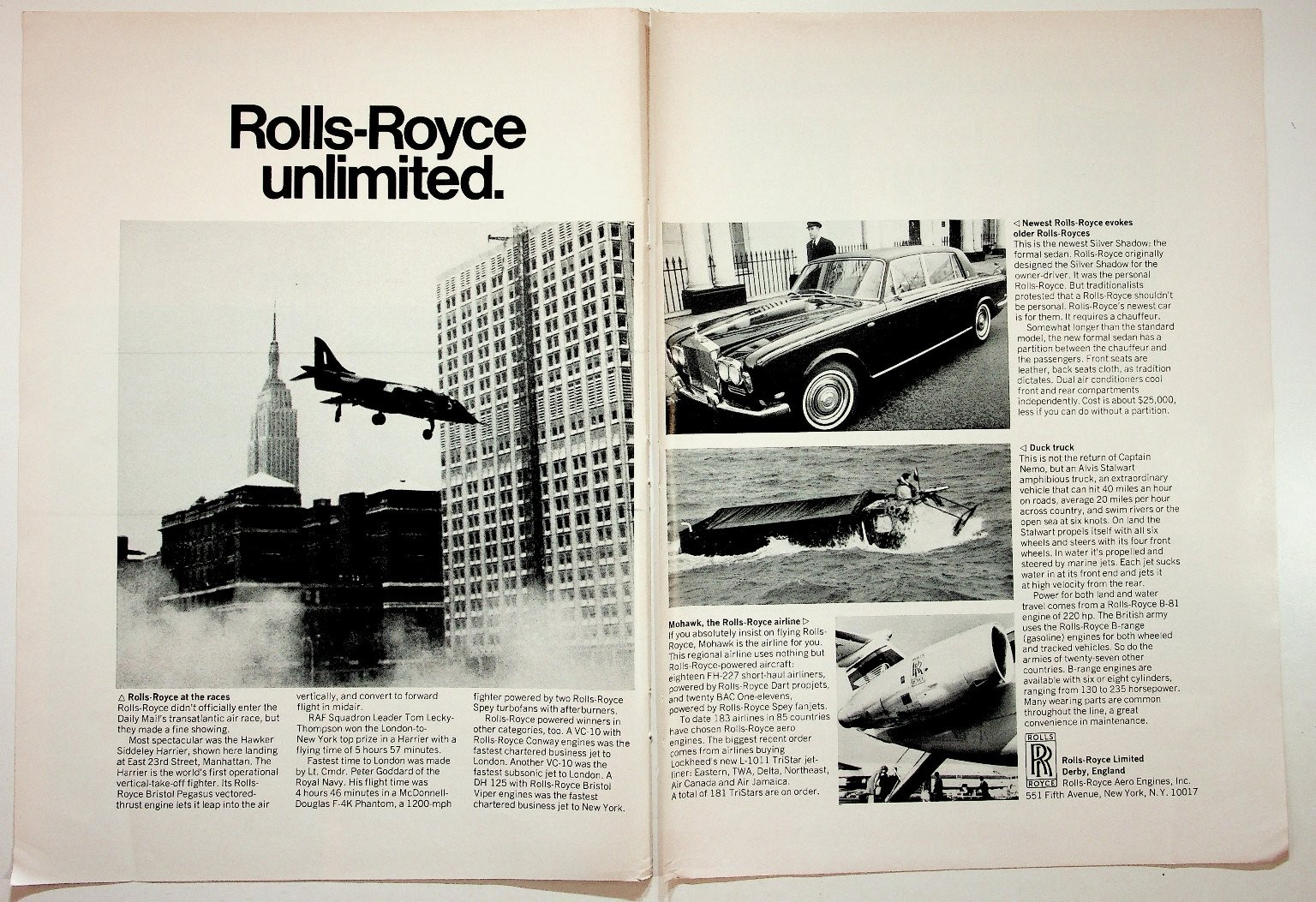 Vintage Rolls-Royce Unlimited Magazine Ad Harrier Jet Silver Shadow Car 1960s Vintage Rolls-Royce Unlimited Magazine Ad Harrier Jet Silver Shadow Car 1960s
