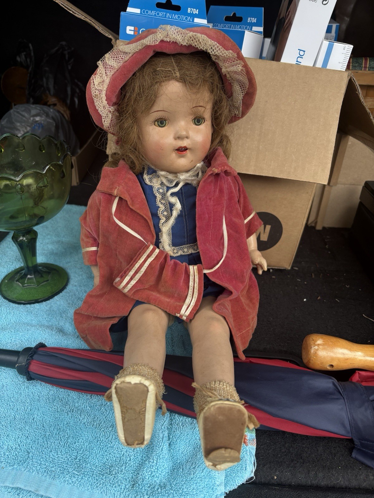 1940s Est. Composite Doll 20 Inch No Marking Dressed With Crier Box