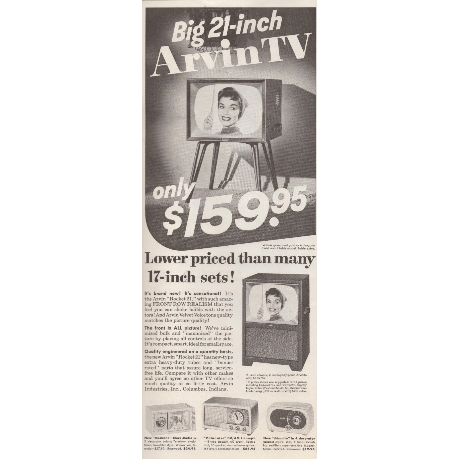1955 Arvin Rocket 21 Inch Television Vintage Print Ad Mid Century Electronics