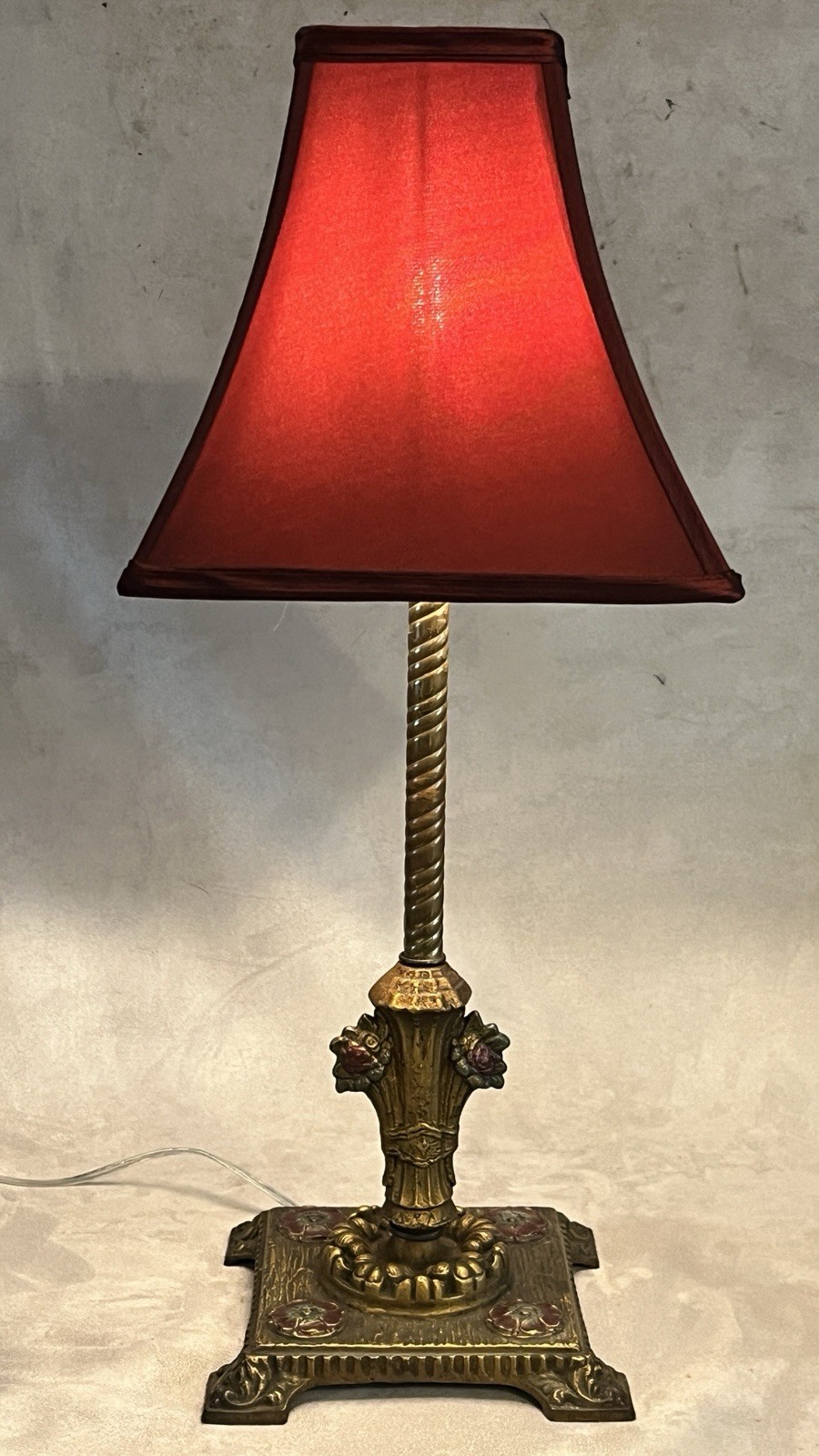 Gorgeous 1930s Bronze Polychrome Lamp With Red Shade Rewired & Fully Func. Gorgeous 1930s Bronze Polychrome Lamp With Red Shade Rewired & Fully Func.