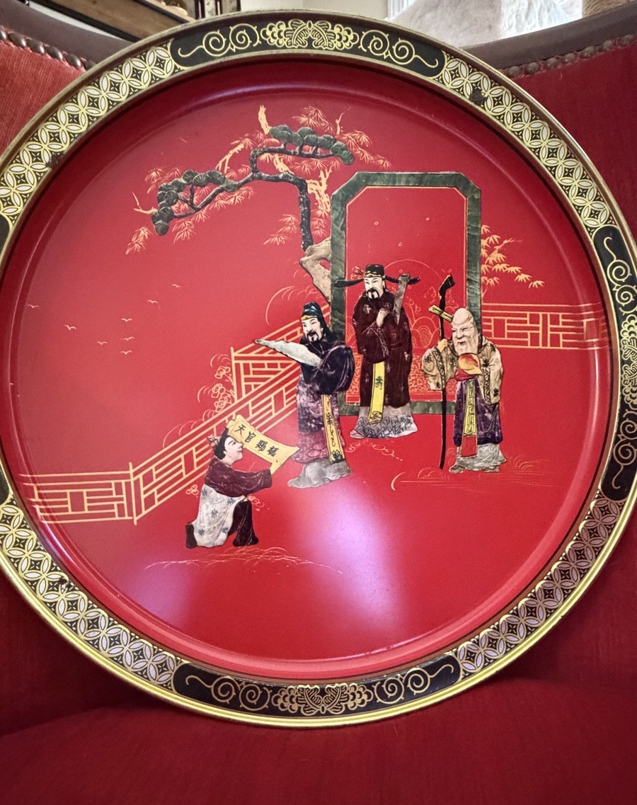 Vintage Sunshine Biscuits Tang Dynasty Three Attainments Red Lacquer Tray 13.5” Vintage Sunshine Biscuits Tang Dynasty Three Attainments Red Lacquer Tray 13.5”