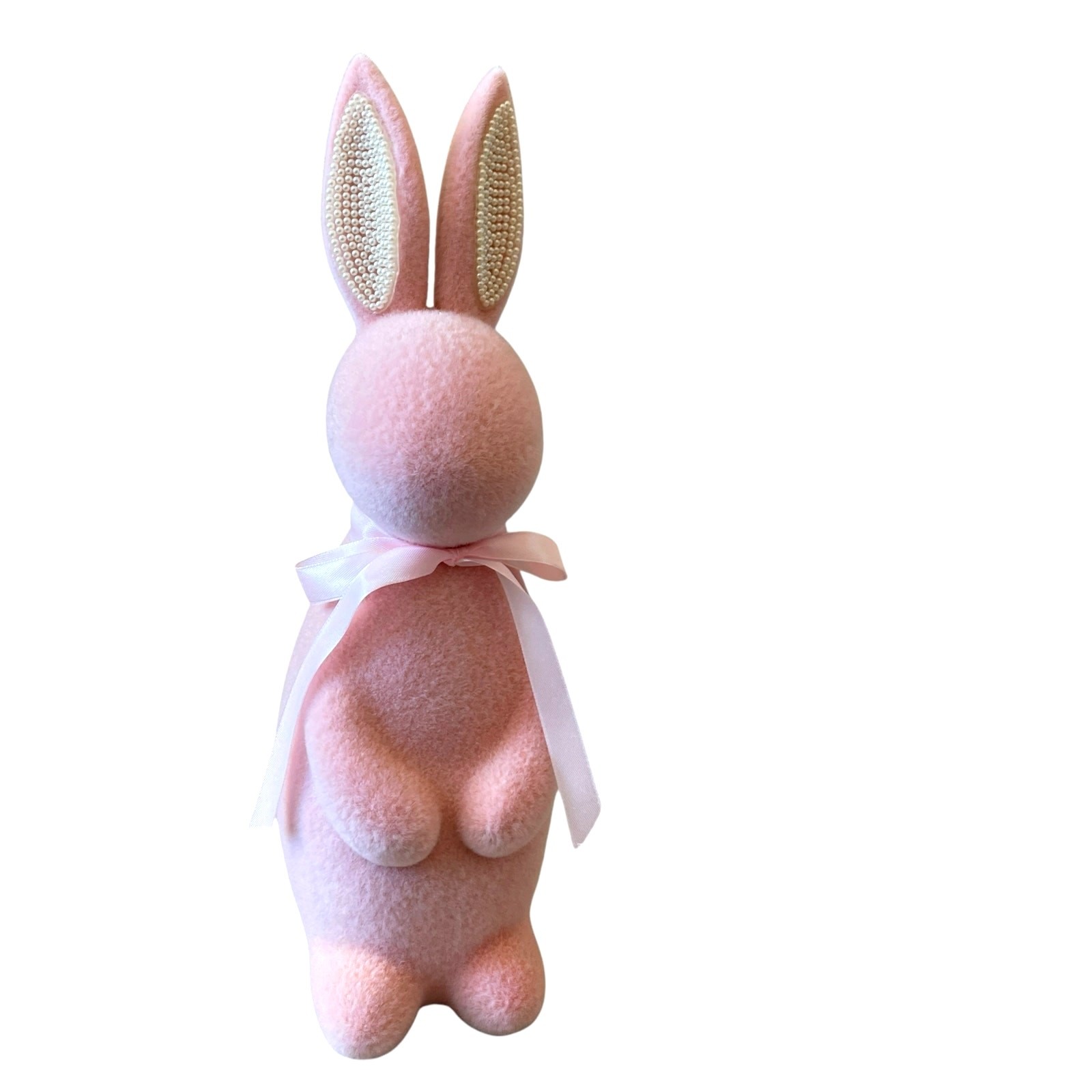 SPRING GATHERINGS 15in Pink Flocked Bunny With Faux Pearl Ears & Ribbon New SPRING GATHERINGS 15in Pink Flocked Bunny With Faux Pearl Ears & Ribbon New