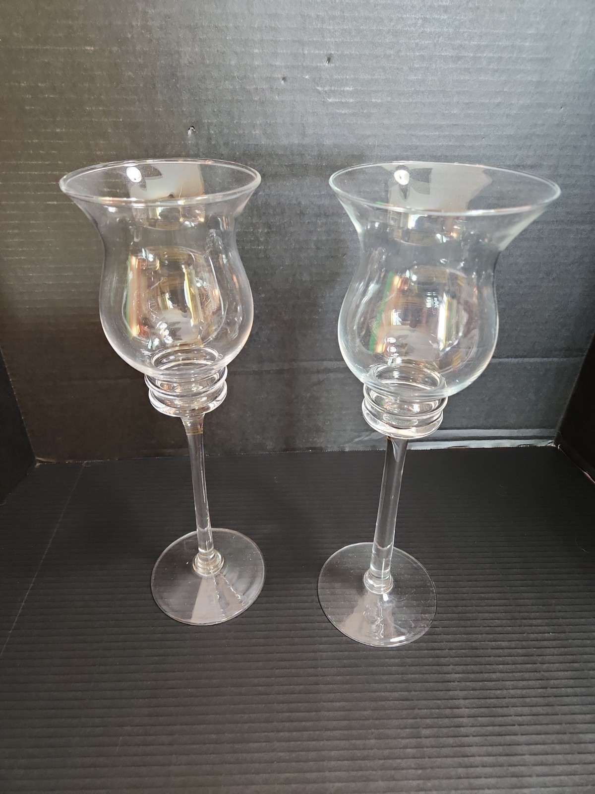 Vintage Pair of Tall Clear Glass Tulip Candle Holders Stemmed Votive 14" Set of Vintage Pair of Tall Clear Glass Tulip Candle Holders Stemmed Votive 14" Set of
