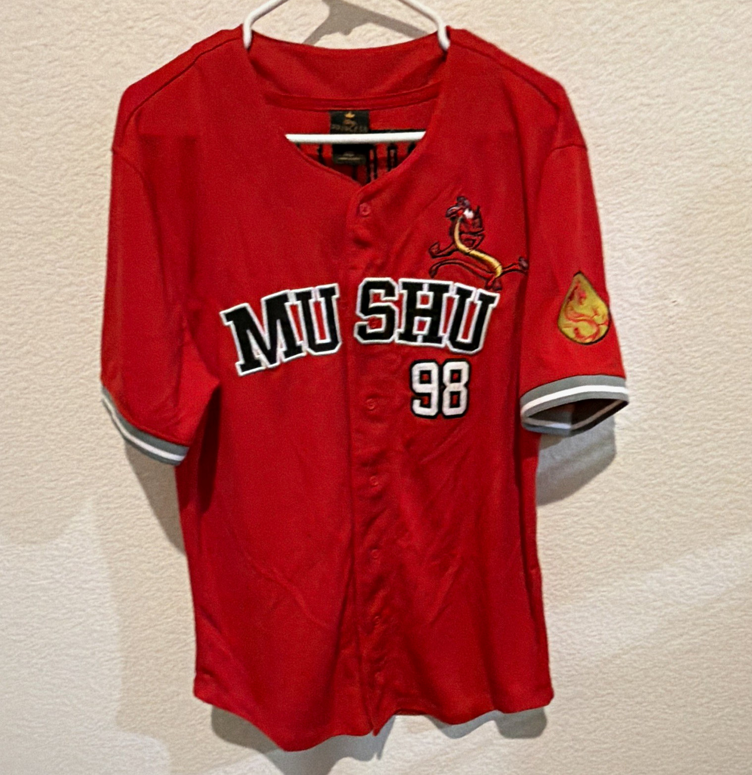 NWOT Disney Princess Mulan Mushu 98 Red Button Baseball Jersey Adult Size M