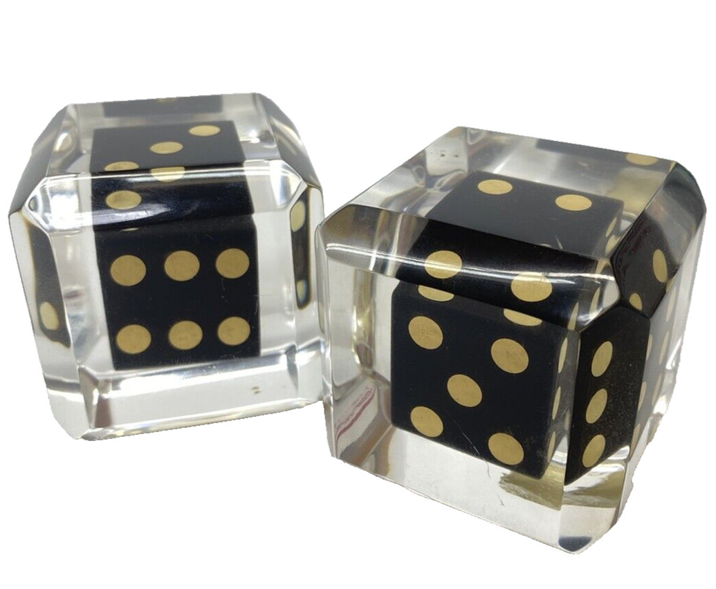 Vintage Pair Jumbi Dice Clear Lucite Acrylic Encased Beveled Paperweights