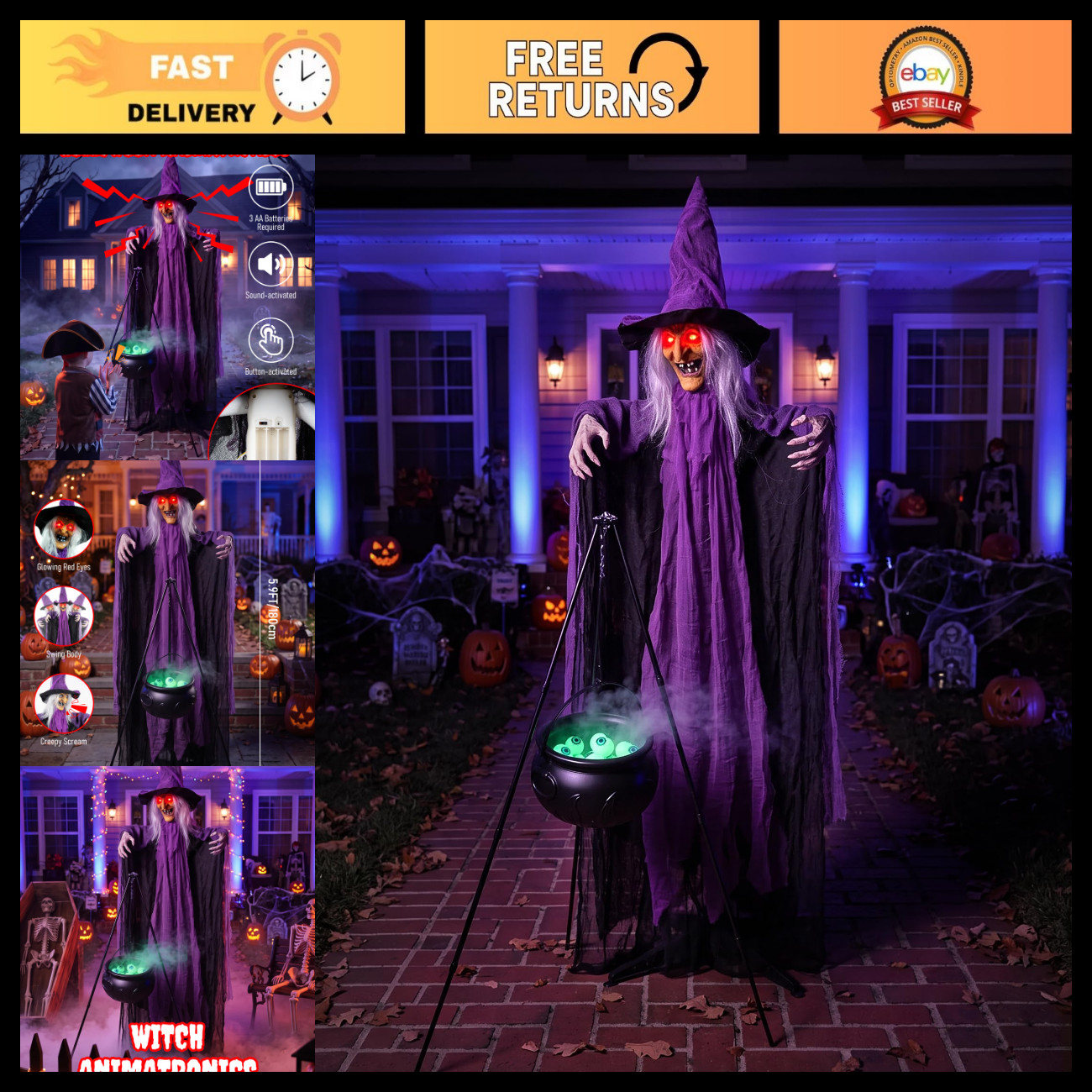 Life-Size Sound Activated Witch Animatronic with Cauldron - Scary Outdoor Hallow Life-Size Sound Activated Witch Animatronic with Cauldron - Scary Outdoor Hallow