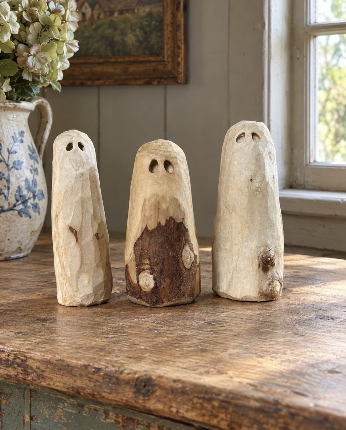 Set of 3 Artisan Handmade Carved Wood Halloween York Ghost Merchants Figurines Set of 3 Artisan Handmade Carved Wood Halloween York Ghost Merchants Figurines