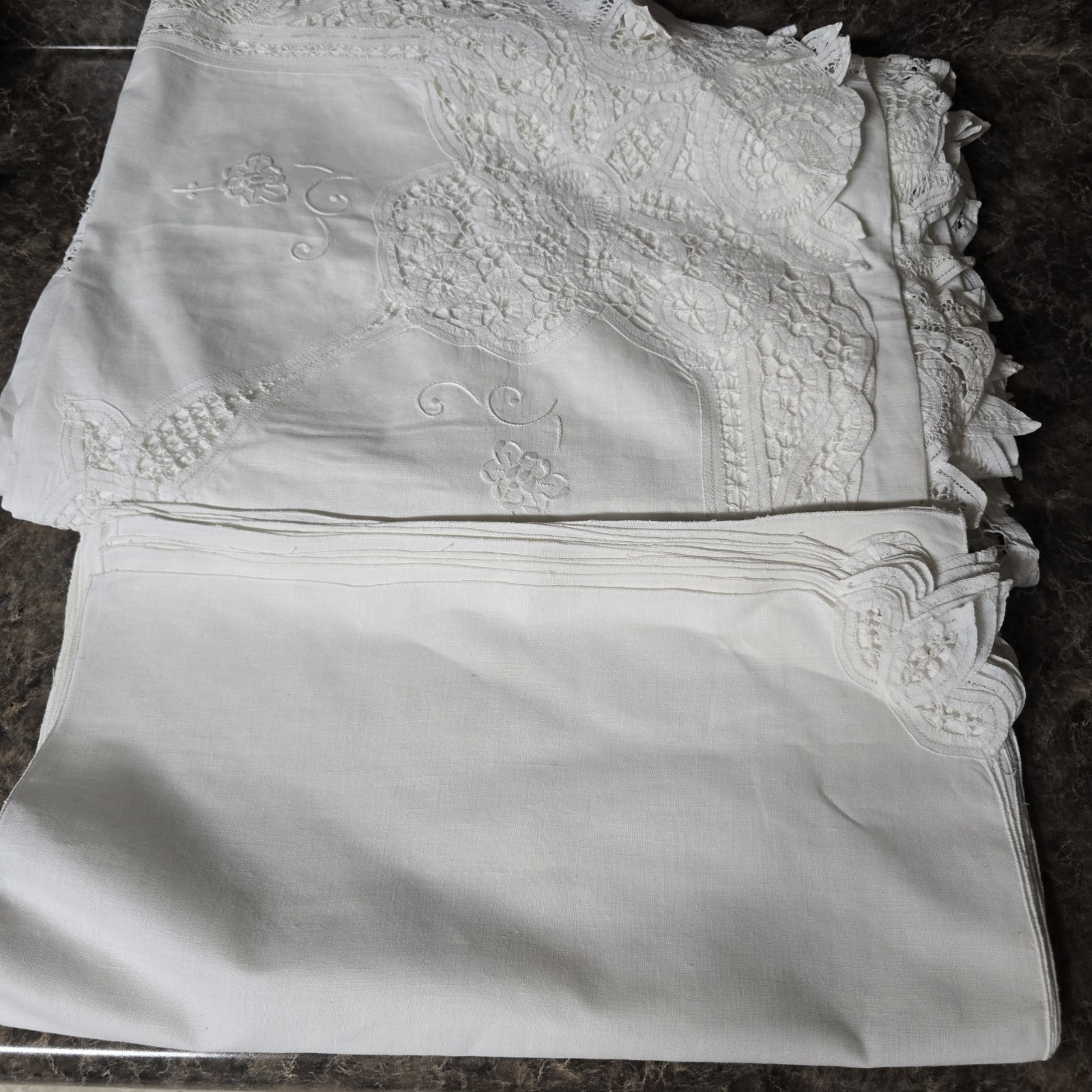 Vtg White Linen Blend Tablecloth Set 72x144 Hand Embroidery Cutwork Lace Vtg White Linen Blend Tablecloth Set 72x144 Hand Embroidery Cutwork Lace