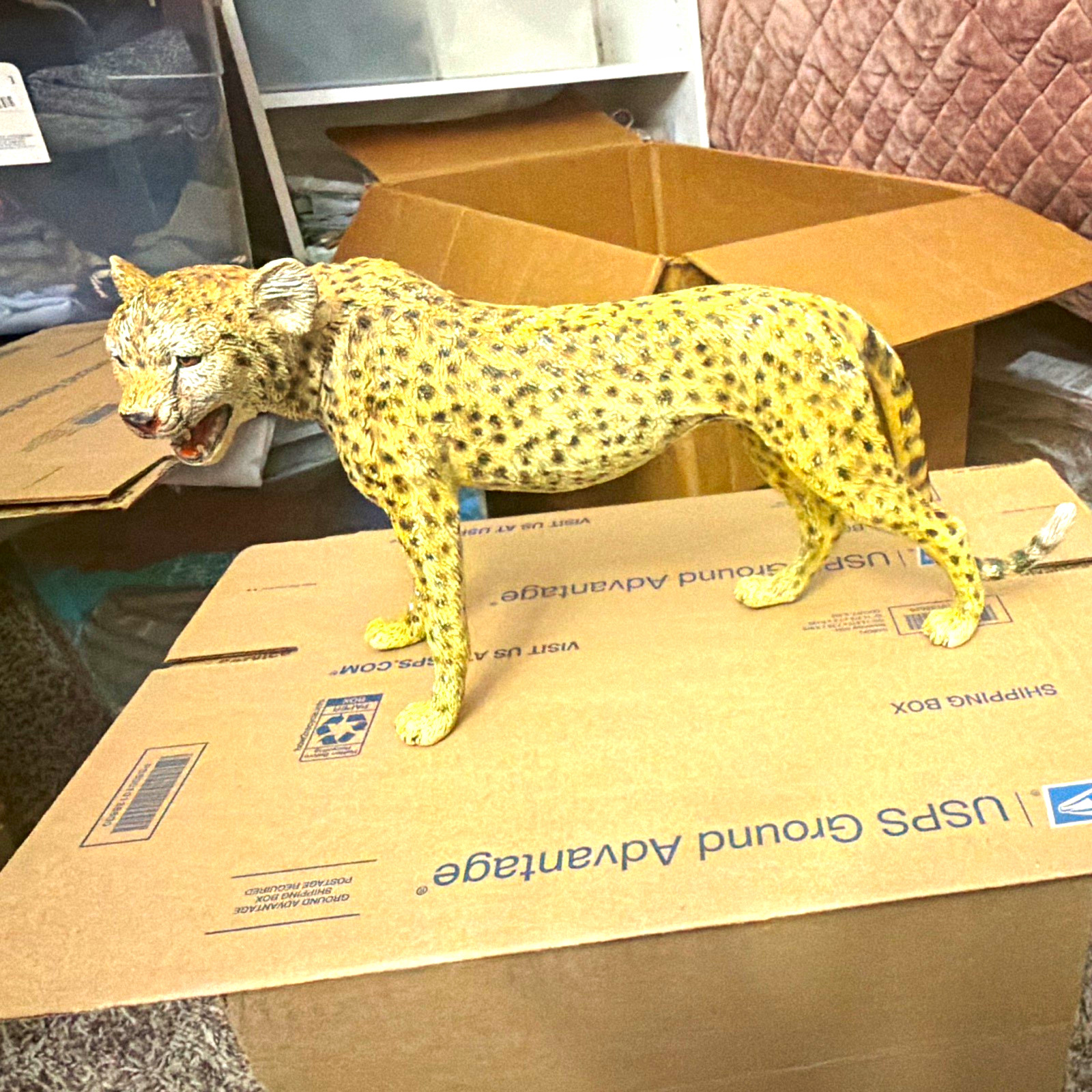 Hand Painted Resin Cheetah Figurine Spotted Wild Animals Yellow Black White