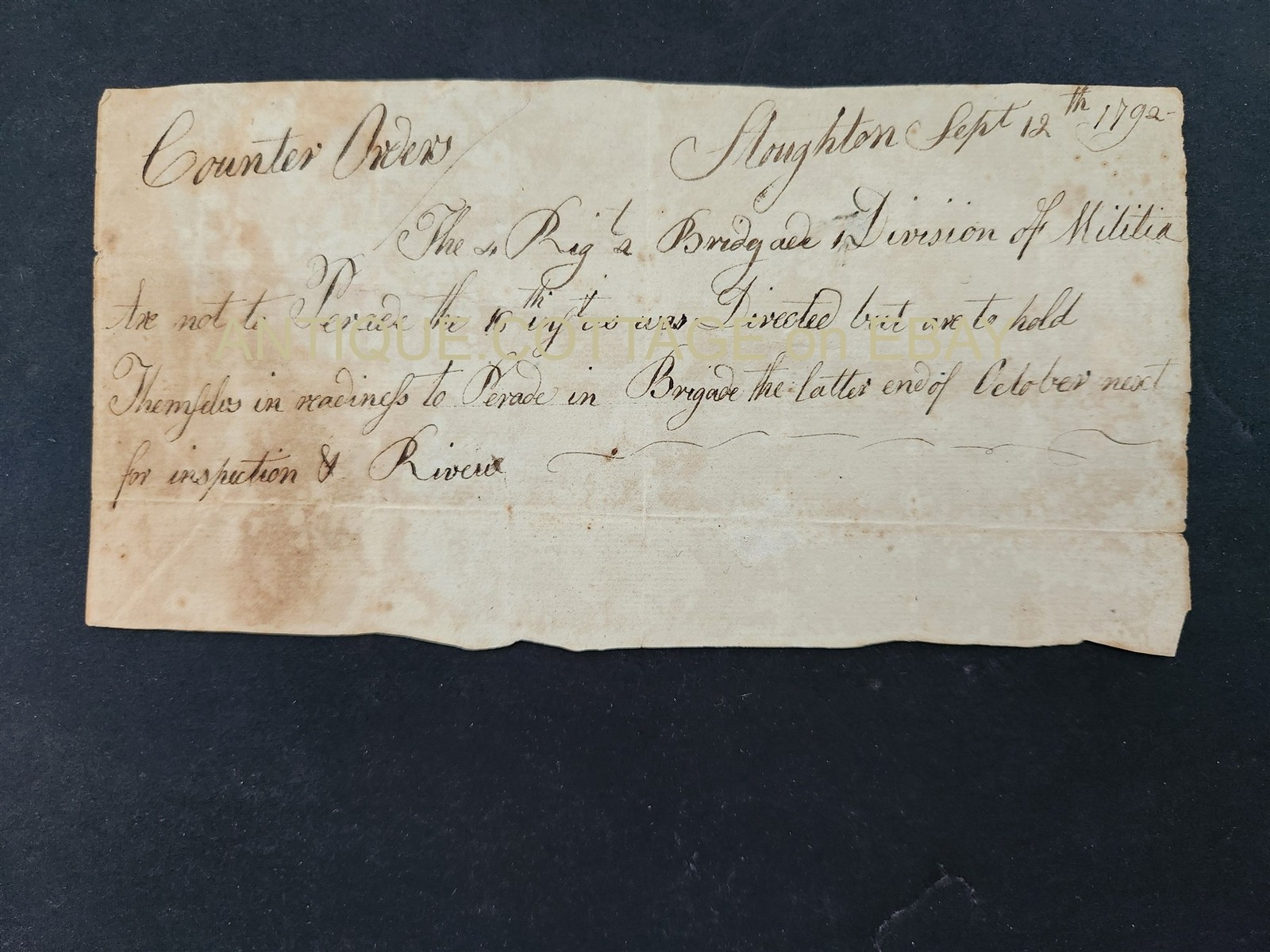 1792 antique 4th REG BRIGADE DIV of MILITIA ORDER stoughton ma RESCHEDULE PARADE 1792 antique 4th REG BRIGADE DIV of MILITIA ORDER stoughton ma RESCHEDULE PARADE