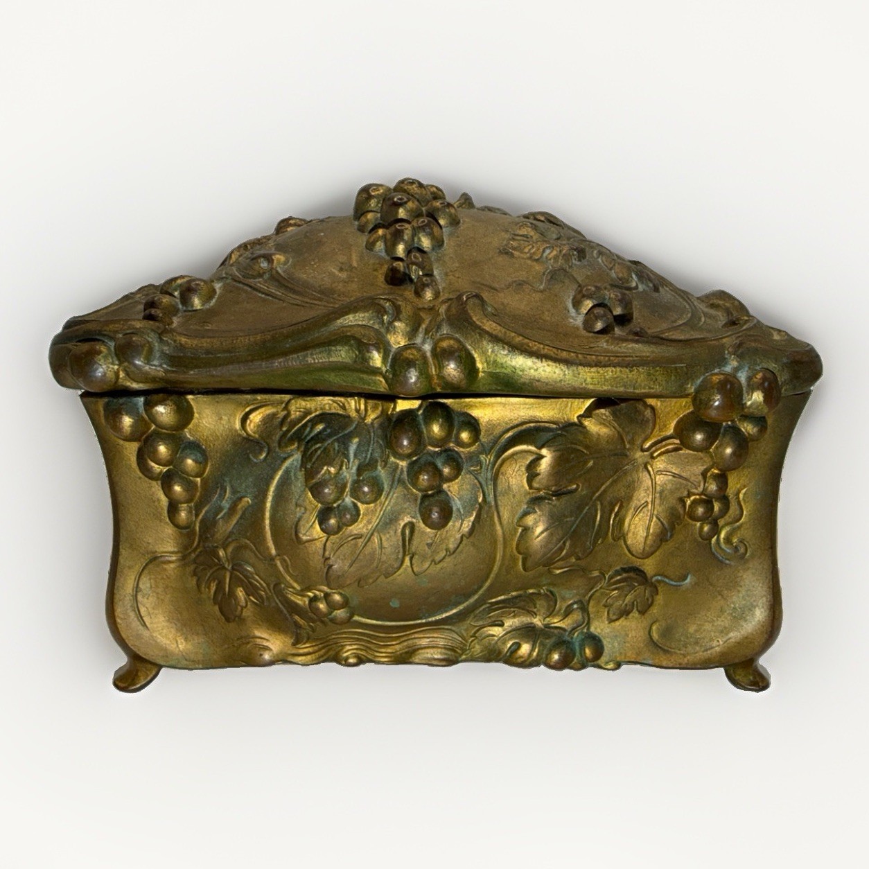 Antique Art Nouveau Jewelry Casket Grapes Gilt Metal Jennings Brothers JB 192