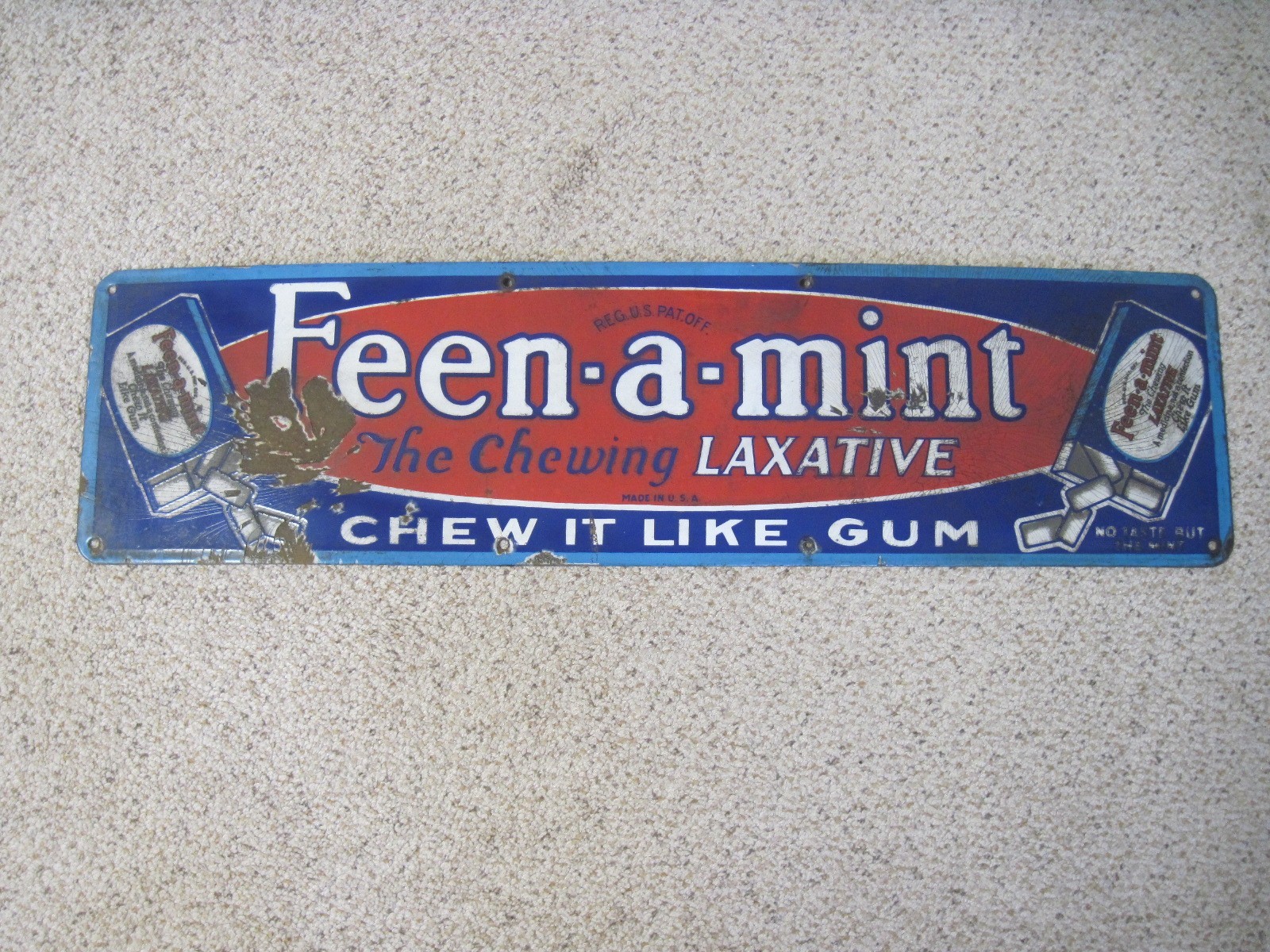 ORIGINAL VINTAGE FEEN A MINT PORCELAIN SIGN CHEW IT LIKE GUM 8" X 30" ORIGINAL VINTAGE FEEN A MINT PORCELAIN SIGN CHEW IT LIKE GUM 8" X 30"