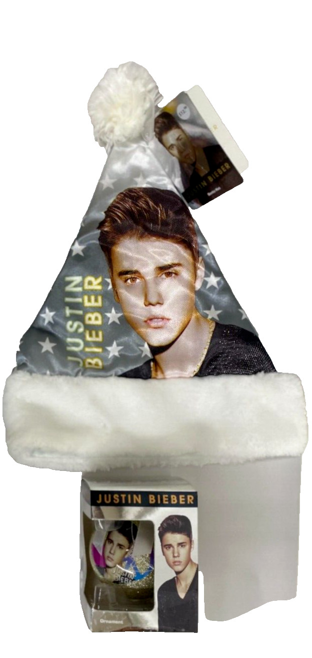 2 Piece Bundle Silver Justin Bieber Christmas Santa Hat and Ornament 2 Piece Bundle Silver Justin Bieber Christmas Santa Hat and Ornament
