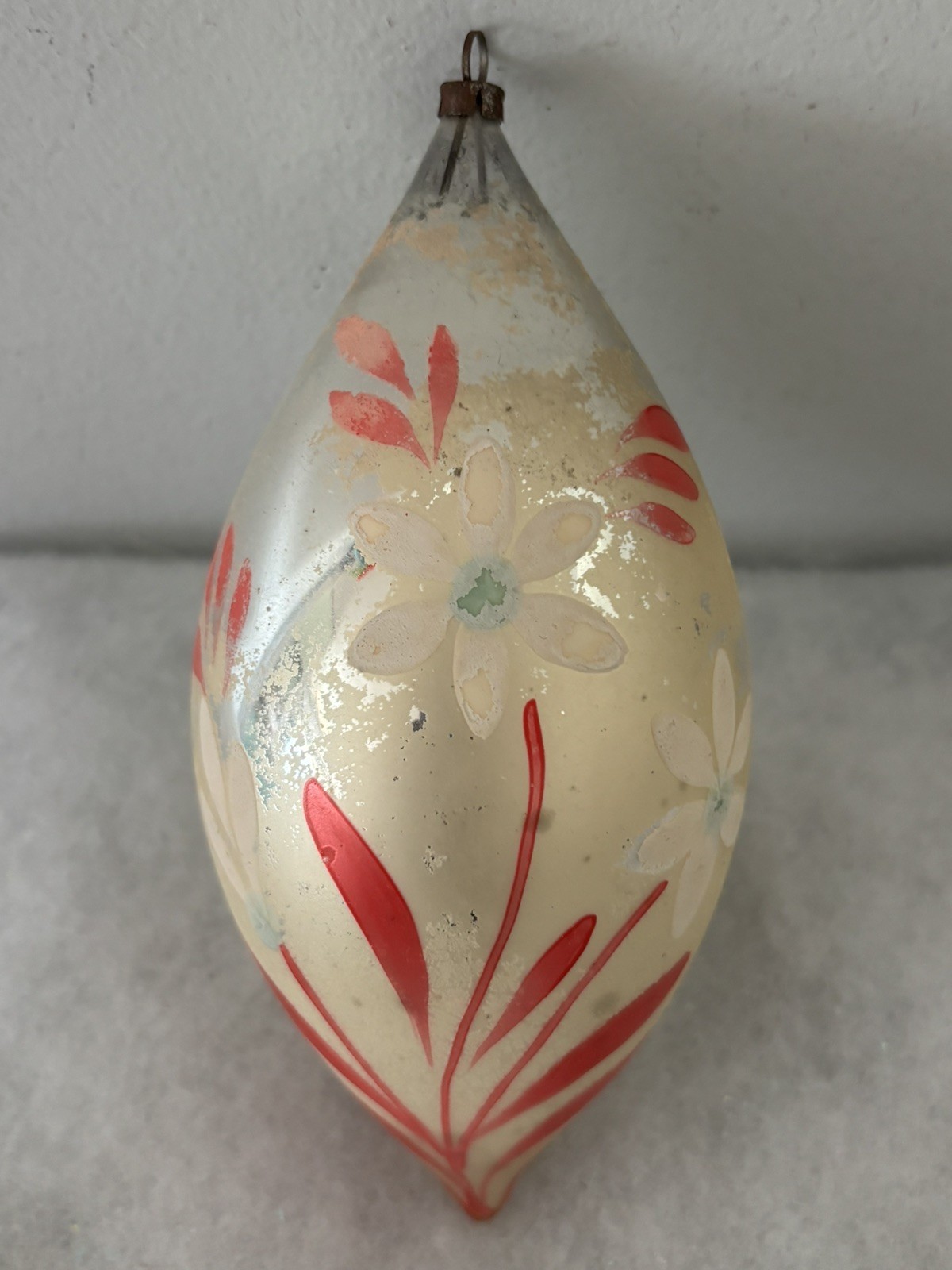Vintage Large Polish Fat Teardrop Ornament 6” Floral Hand Painted 