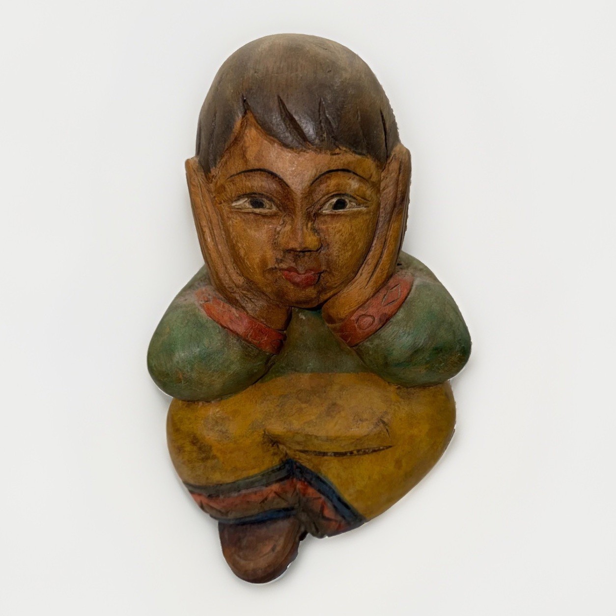 Vintage Hand Carved Painted Wood Seated Child Statue Thai Style Folk Art 9.5 in Vintage Hand Carved Painted Wood Seated Child Statue Thai Style Folk Art 9.5 in