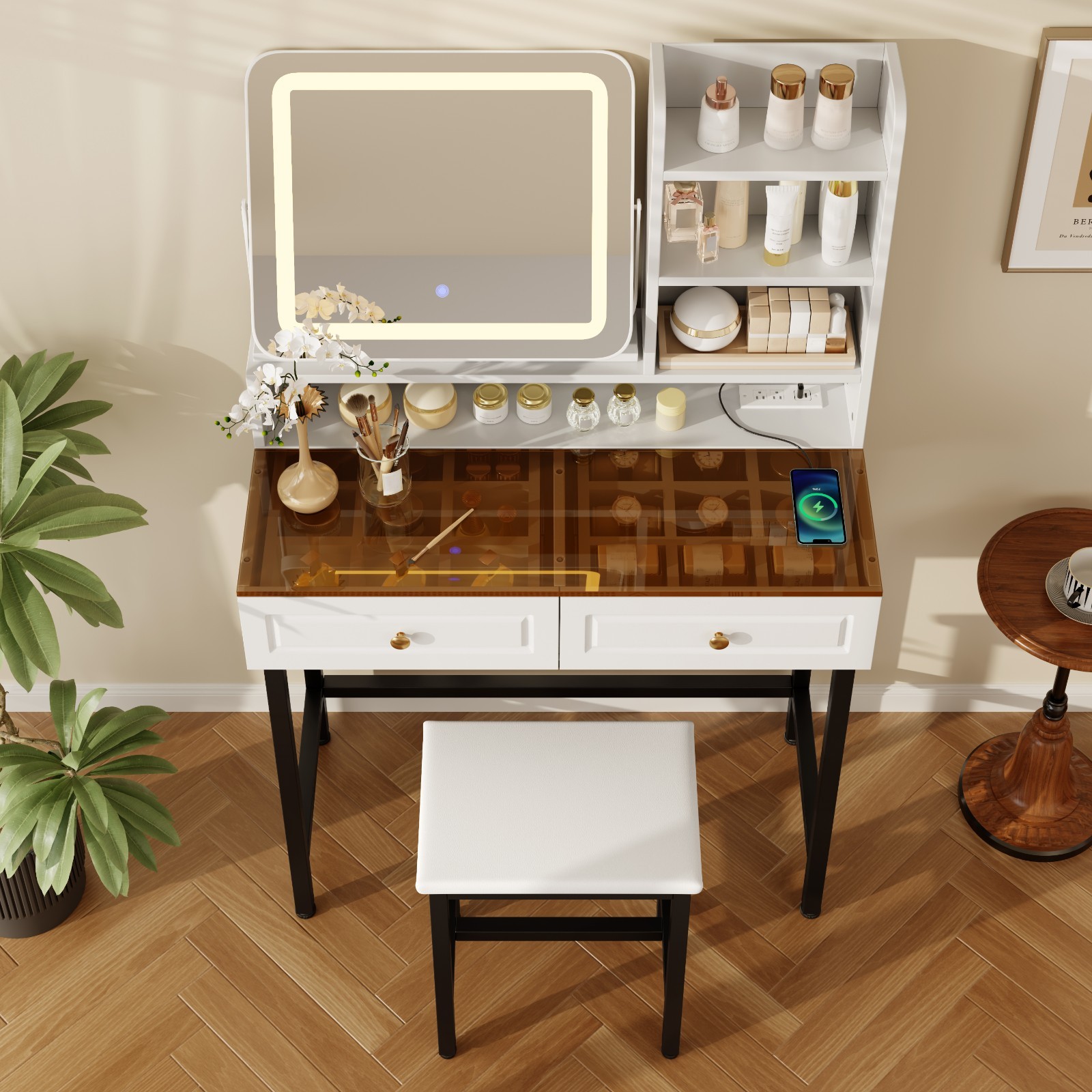 Makeup Vanity Desk LED Mirror 2 Drawers Power Outlet Stool White 3-7 Day Ship