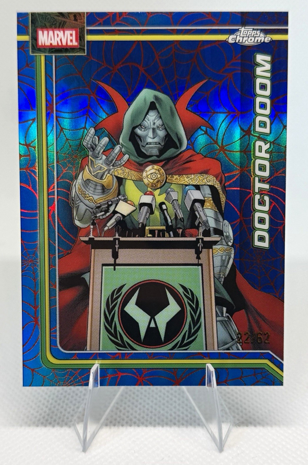 Topps 2026 Topps Chrome Marvel Doctor Doom #028 Blue & Red Spiderwebs /62 Topps 2026 Topps Chrome Marvel Doctor Doom #028 Blue & Red Spiderwebs /62