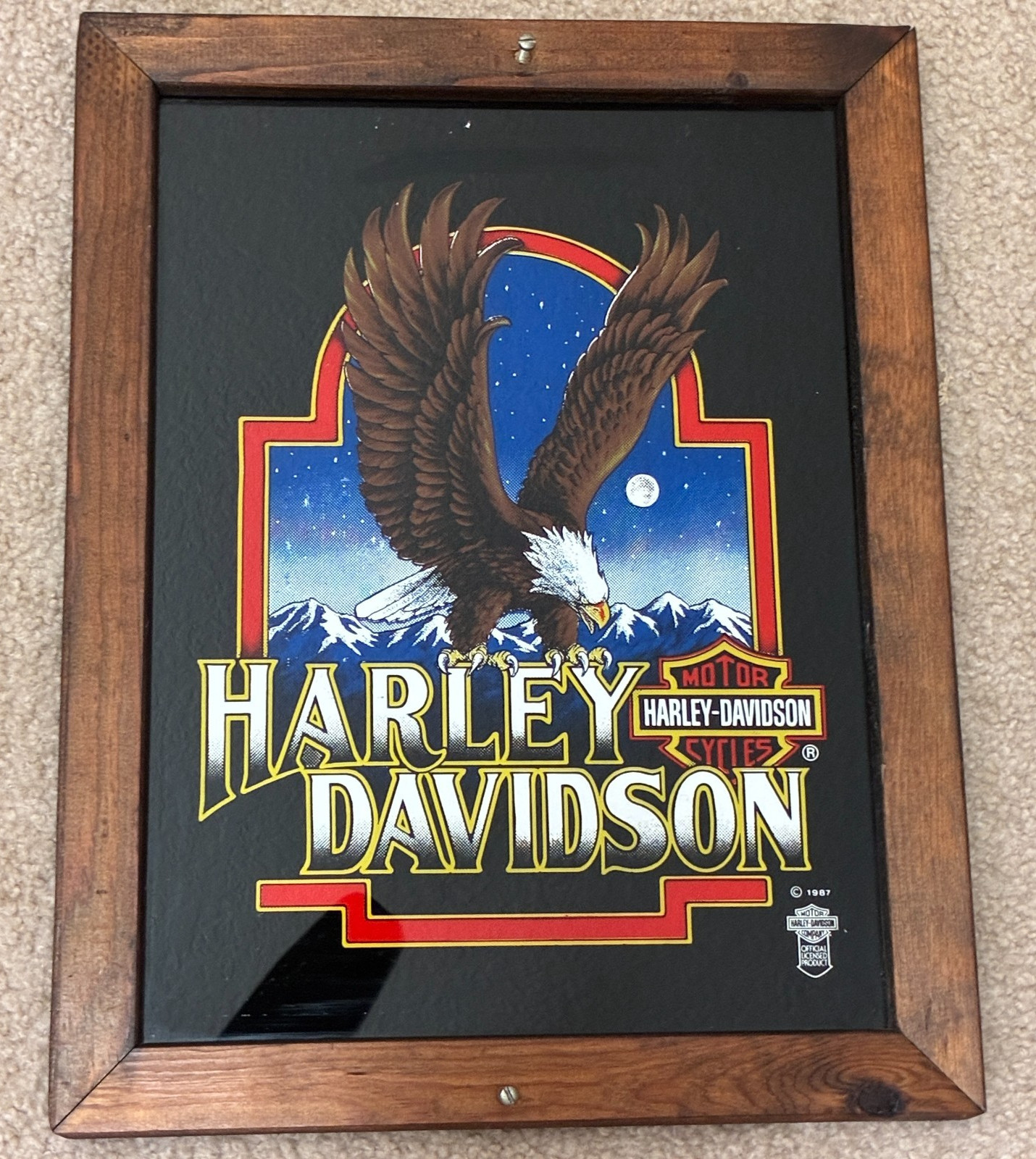 VTG 1987 Harley Davidson Eagle Mountain Framed Reverse Painted Mirror 18"x14"