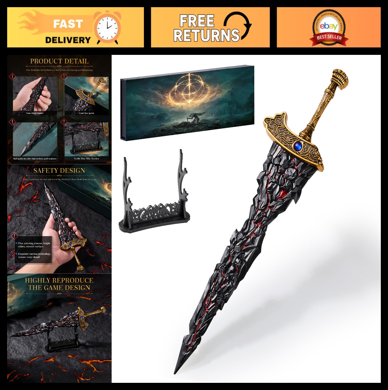 Eldens Rings Maliketh's Black Blade Sword Model, 11.8-Inch Metal Craft Sword