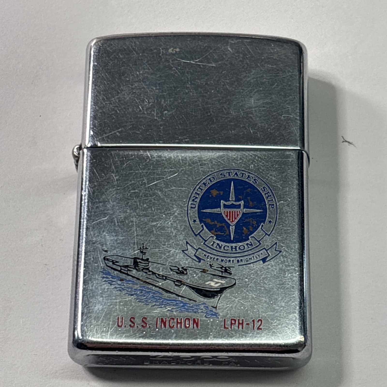 Vintage 1982 USS Inchon LPH-12 Military Ship Chrome Zippo Lighter Vintage 1982 USS Inchon LPH-12 Military Ship Chrome Zippo Lighter