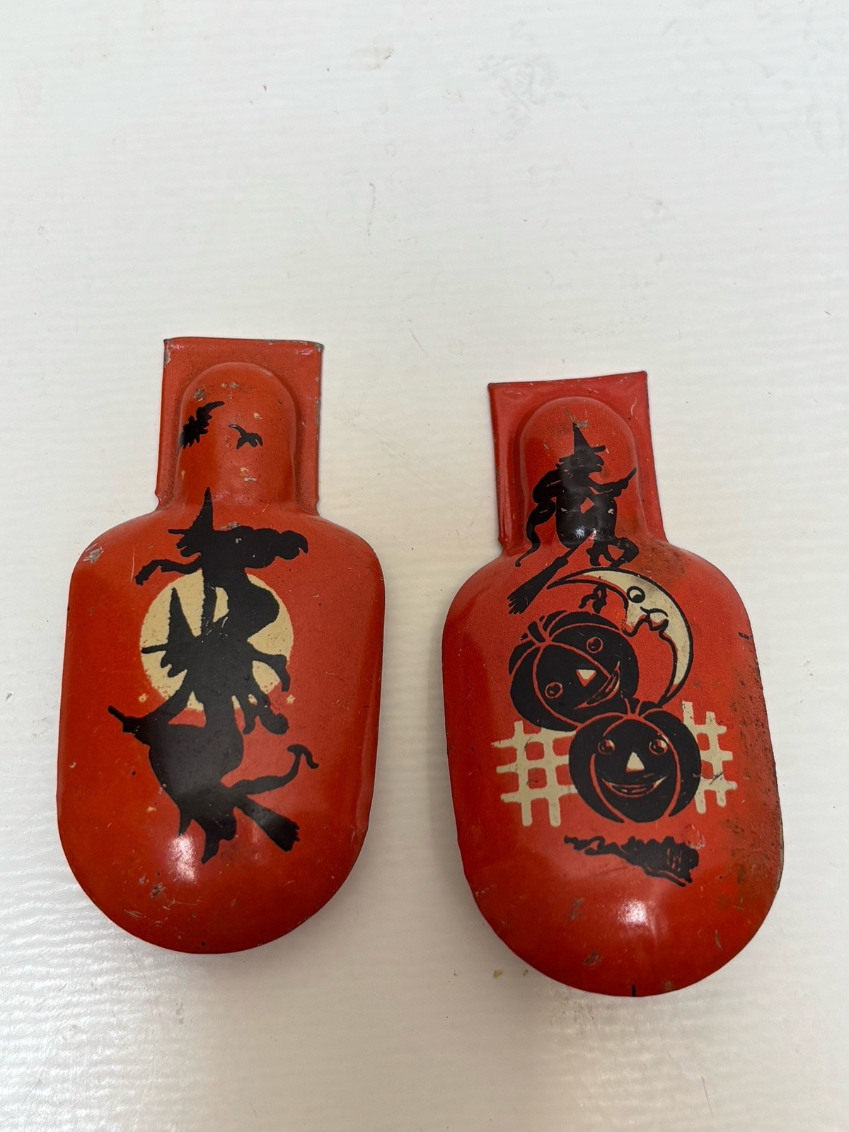 2 Vintage T. Cohn Halloween Flying Witch Metal Clickers 2-1/2” 1940’s Moon 2 Vintage T. Cohn Halloween Flying Witch Metal Clickers 2-1/2” 1940’s Moon
