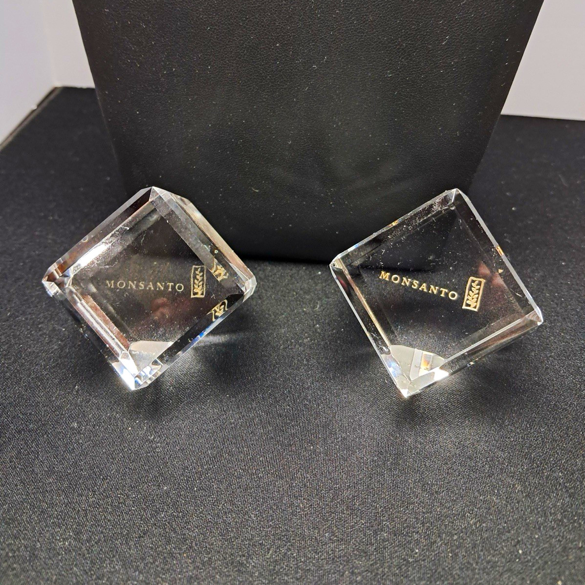 Vintage Monsanto Logo Beveled Glass Paperweight Pair Corporate Advertising set 2 Vintage Monsanto Logo Beveled Glass Paperweight Pair Corporate Advertising set 2