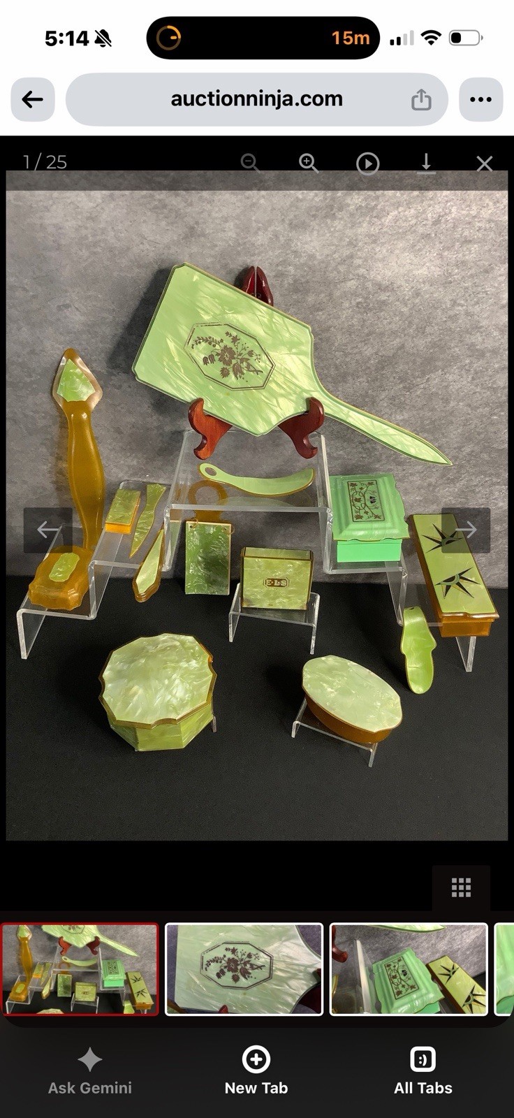 VTG Art Deco Pearlized Green and Celluloid/Bakelite Vanity Dresser Set W Tray VTG Art Deco Pearlized Green and Celluloid/Bakelite Vanity Dresser Set W Tray