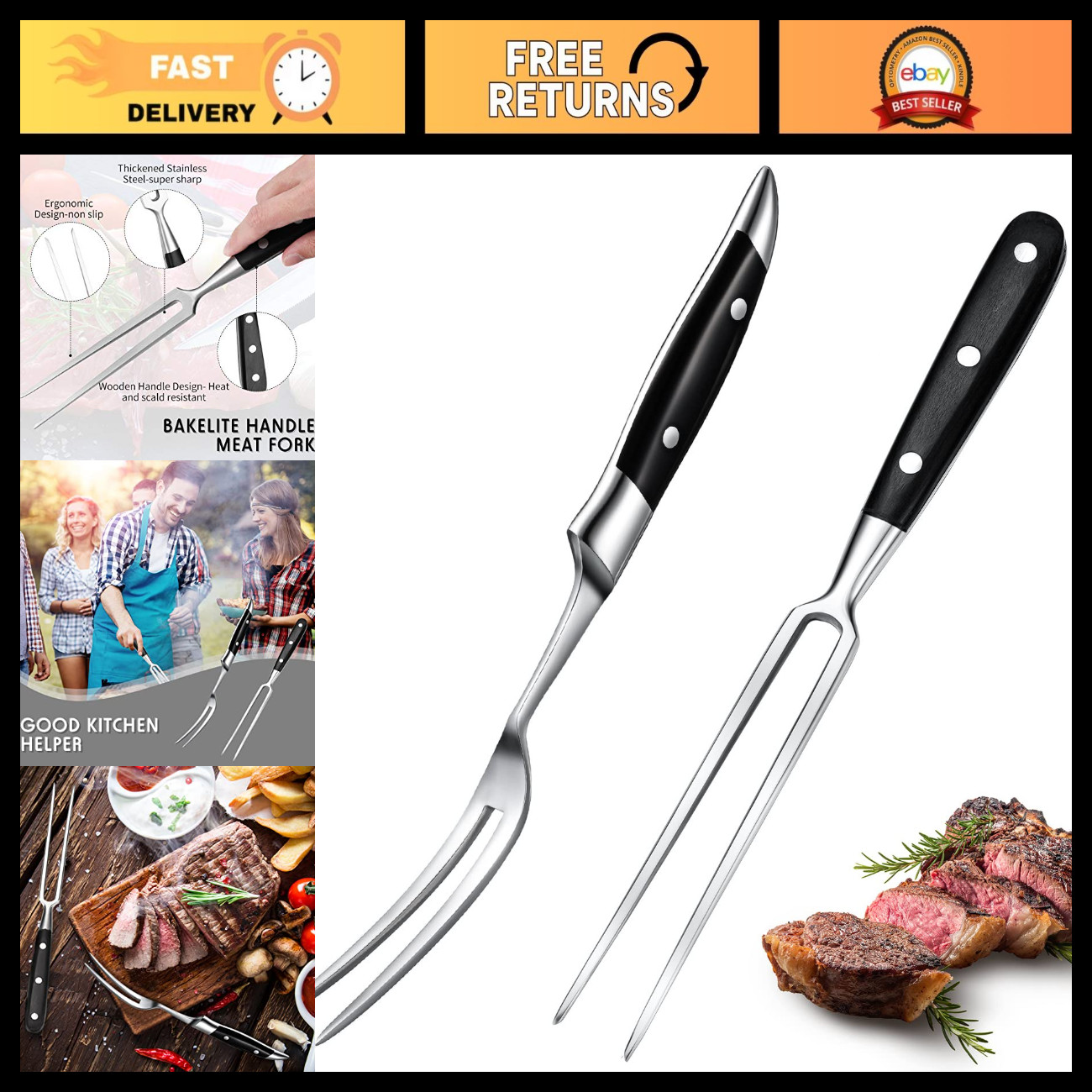 2 Pack 12" Meat Carving Fork Set - Straight & Curved Two Prong BBQ Tools 2 Pack 12" Meat Carving Fork Set - Straight & Curved Two Prong BBQ Tools