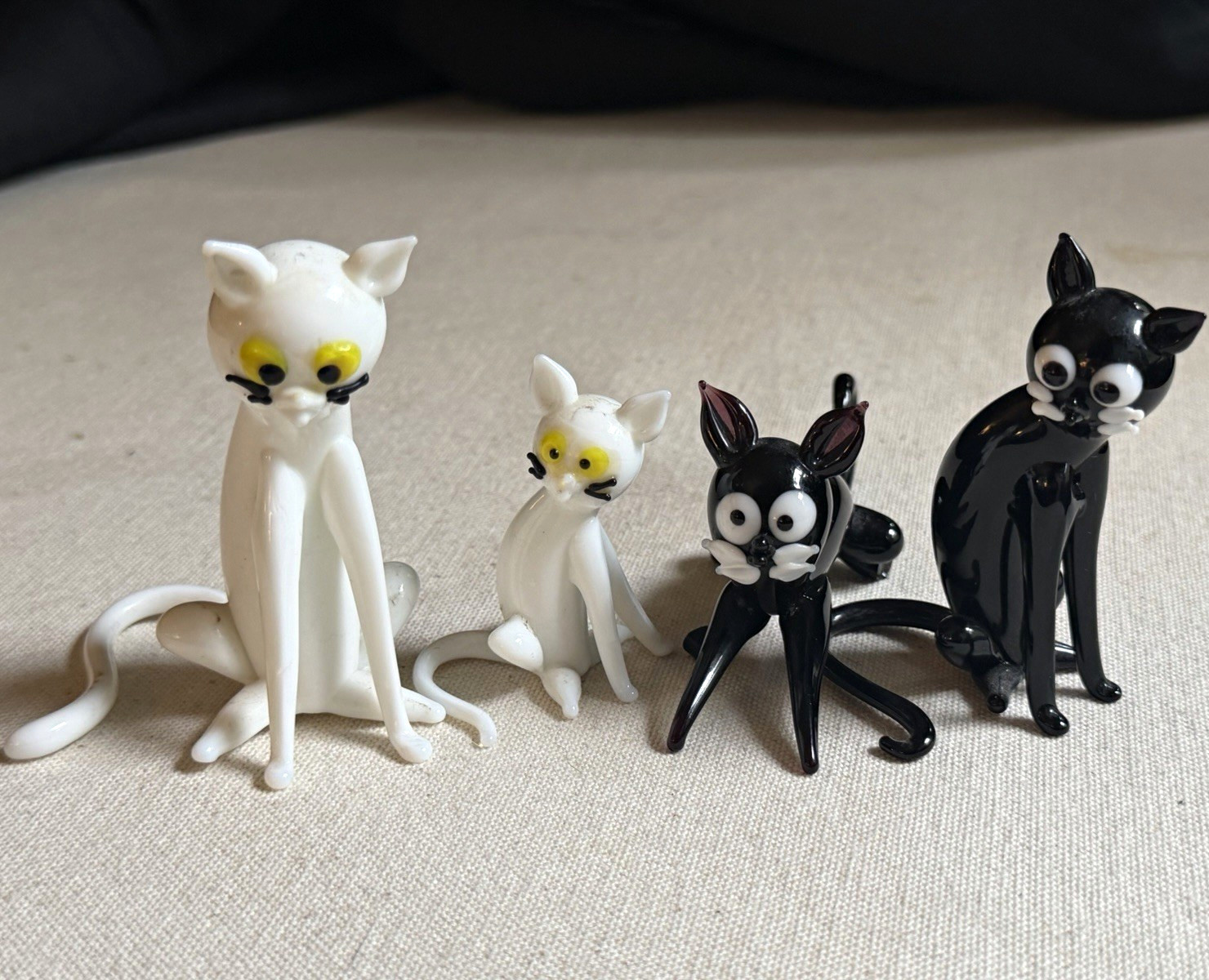 VTG Hand Blown Glass Cat Figurines Lot of 4 Black White Miniature Lampwork