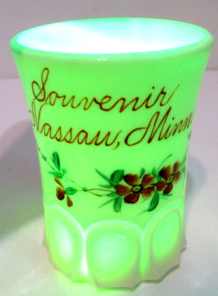 Antique Jefferson Custard Glass Souvenir Tumbler Nassau Minnesota Floral 4" T Antique Jefferson Custard Glass Souvenir Tumbler Nassau Minnesota Floral 4" T