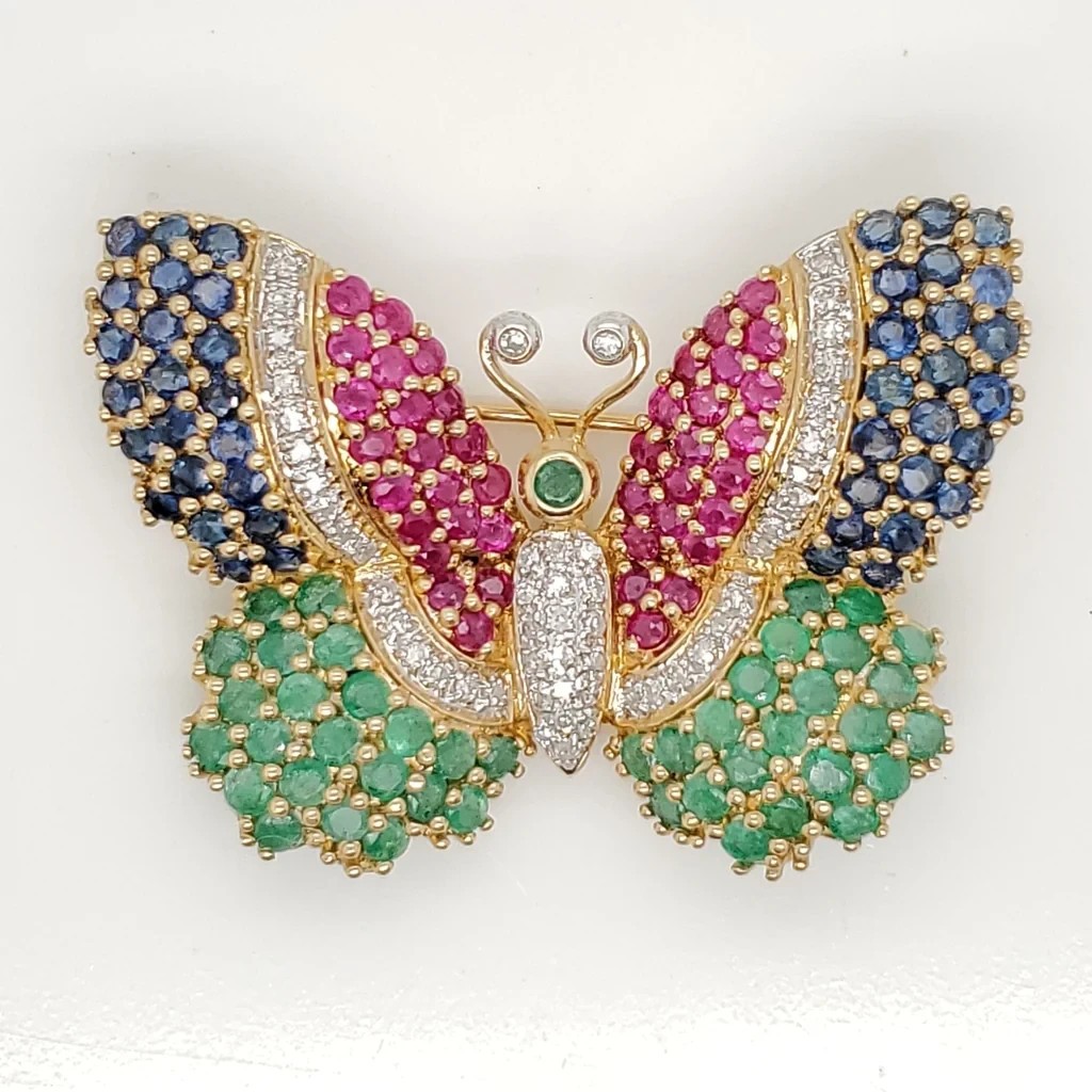 Estate 10K Yellow Gold Over Diamond Ruby Sapphire & Emerald Butterfly Brooch Pin Estate 10K Yellow Gold Over Diamond Ruby Sapphire & Emerald Butterfly Brooch Pin