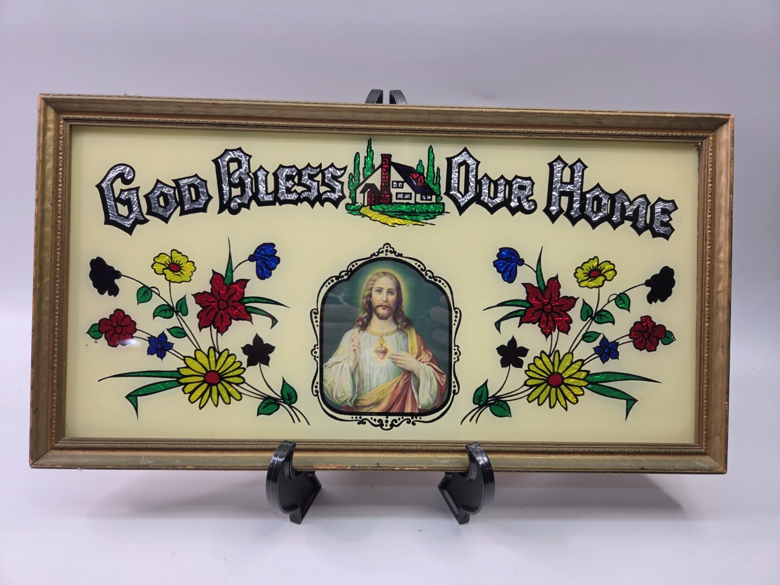 Antique Vintage Art Deco Foil God Bless Our Home Reverse Painted Framed Glass Antique Vintage Art Deco Foil God Bless Our Home Reverse Painted Framed Glass