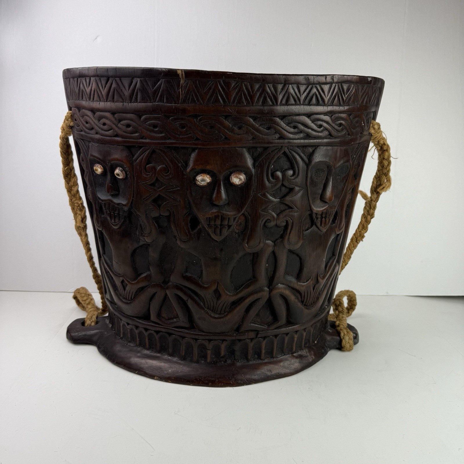Antique Borneo Dayak Carved Wood Baby Carrier w Toothed Human Design