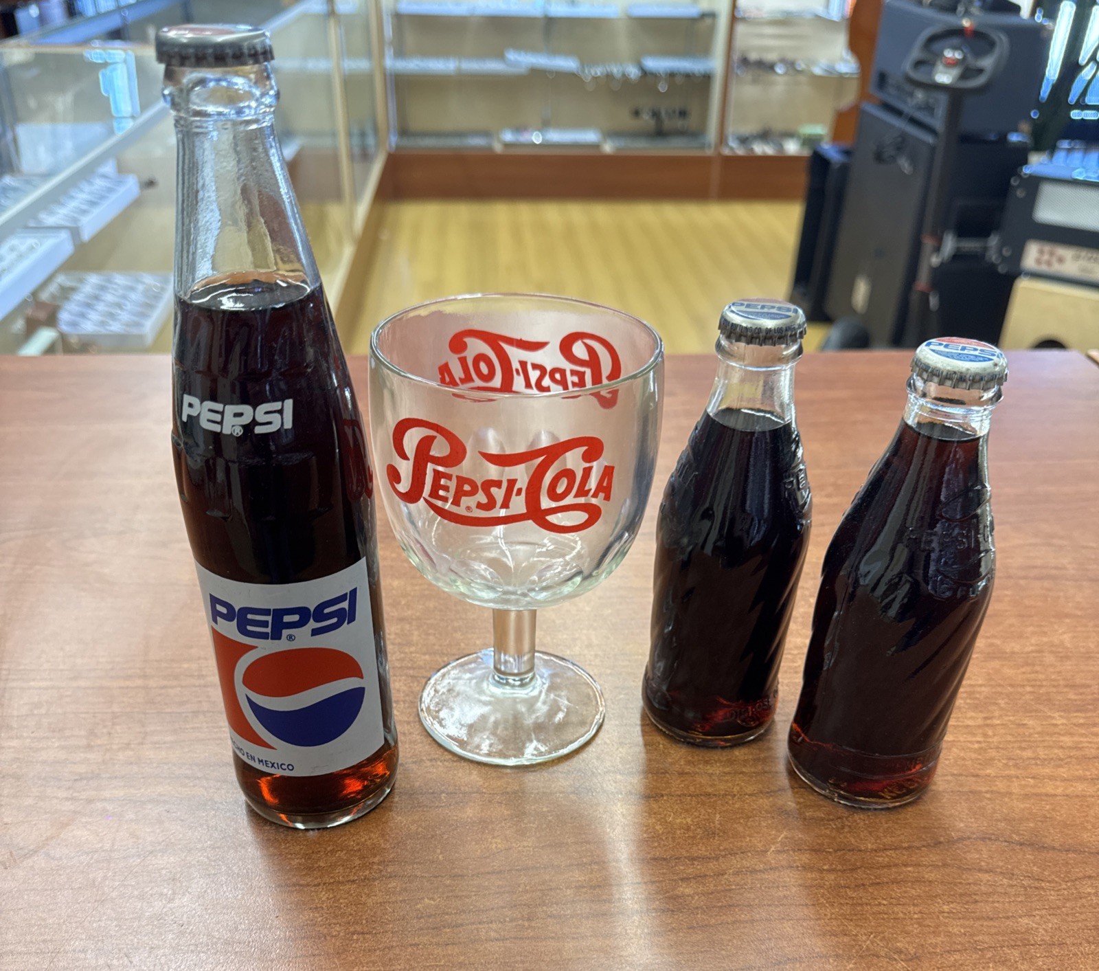 Pepsi Lot of 4 Vintage Glass Soda Bottles And Cup 
