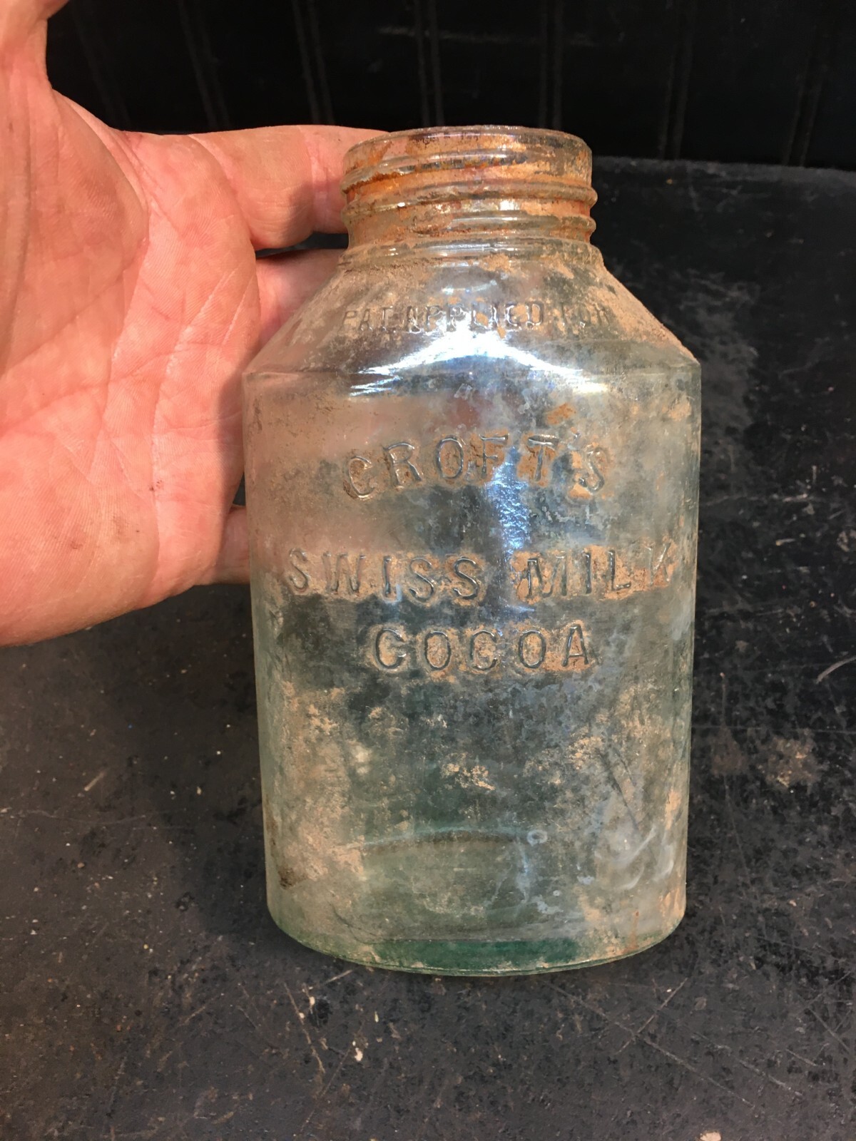 Crofts Swiss Milk Cocoa Bottle Embossed Letters Blue Glass 1800S