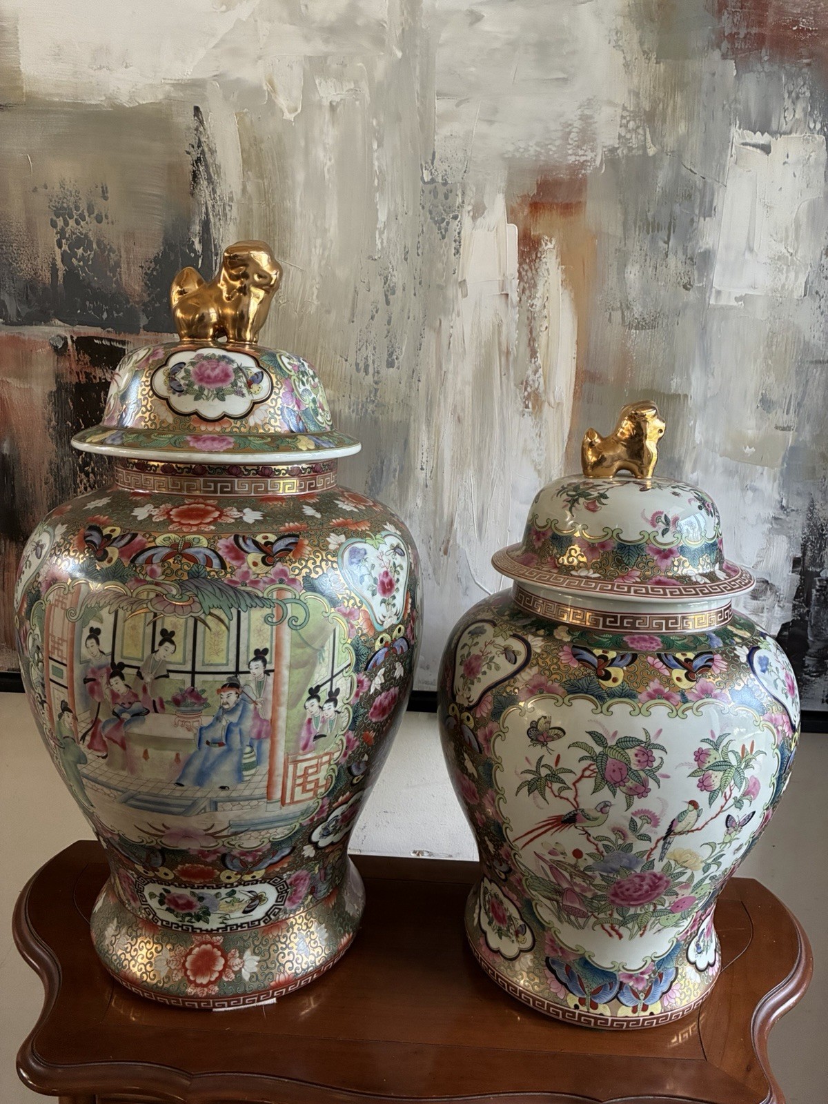 2 Vtg Large Chinese Famille Rose Temple Jars Gold Foo Dog Ginger Vases 24"/19.5”