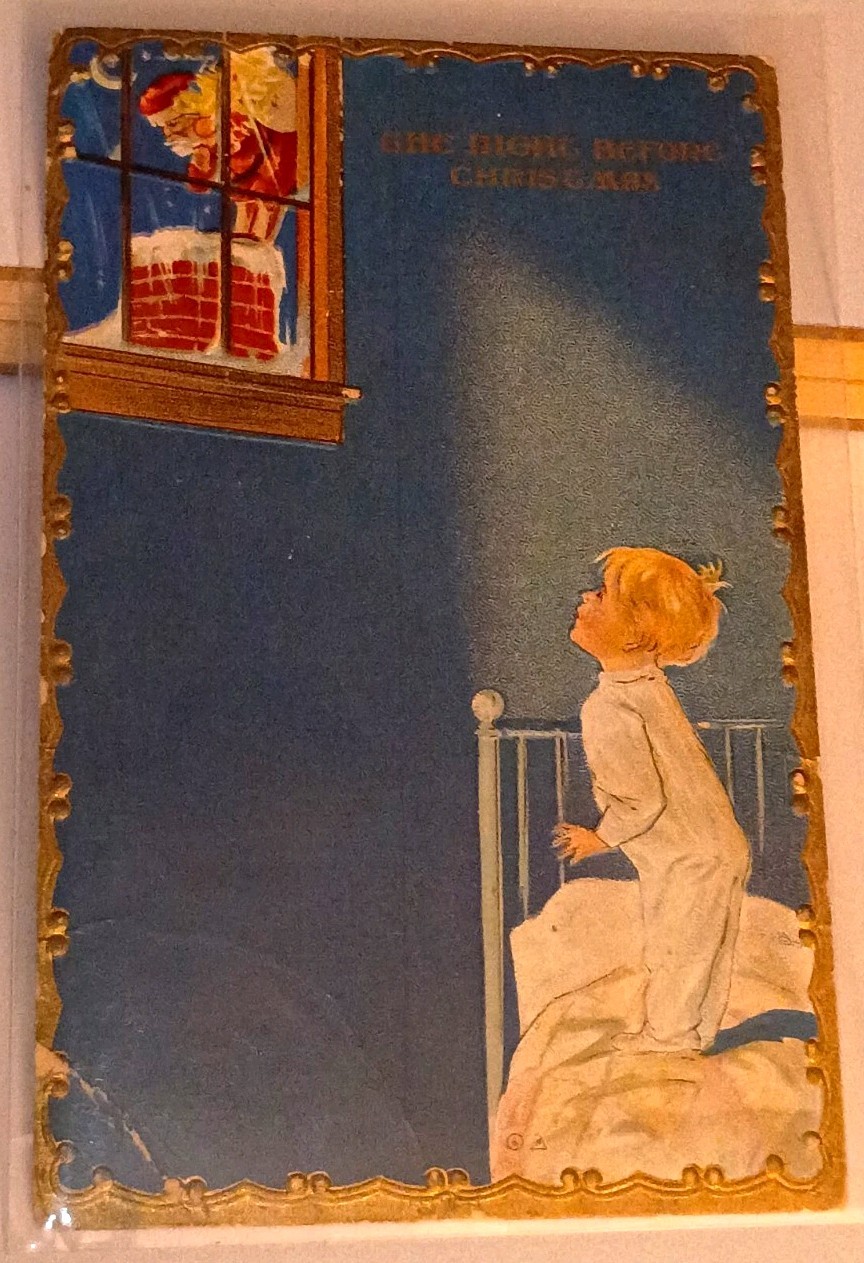 Vintage 1910s Embossed Christmas Postcard Santa Claus & Child, Blue/Gold Trim
