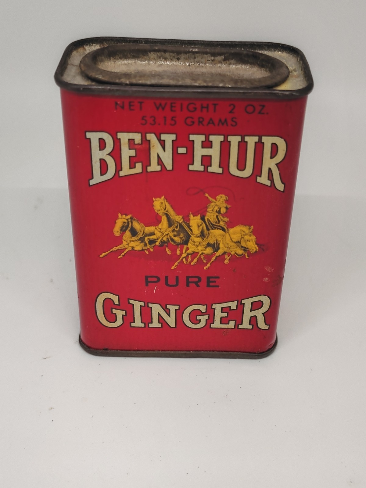Vintage Ben Hur Pure Ginger Tin Metal 2 oz Quarter Full Vintage Ben Hur Pure Ginger Tin Metal 2 oz Quarter Full