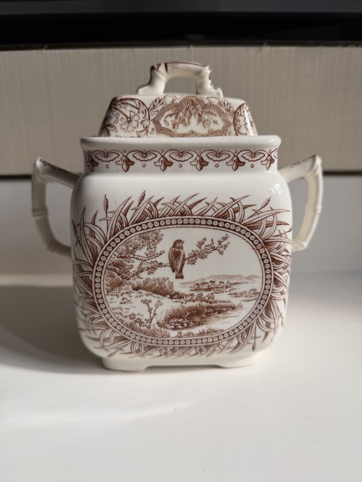 W. H. Grindley & Co. Large Sugar Bowl W/ Lid & Creamer Brown Transferware Bird W. H. Grindley & Co. Large Sugar Bowl W/ Lid & Creamer Brown Transferware Bird