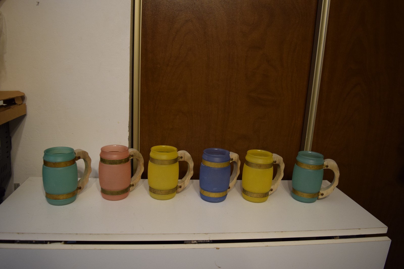 Vintage Siesta Ware Frosted Barrel Mugs Set of 6 Wood Handles Mid Century