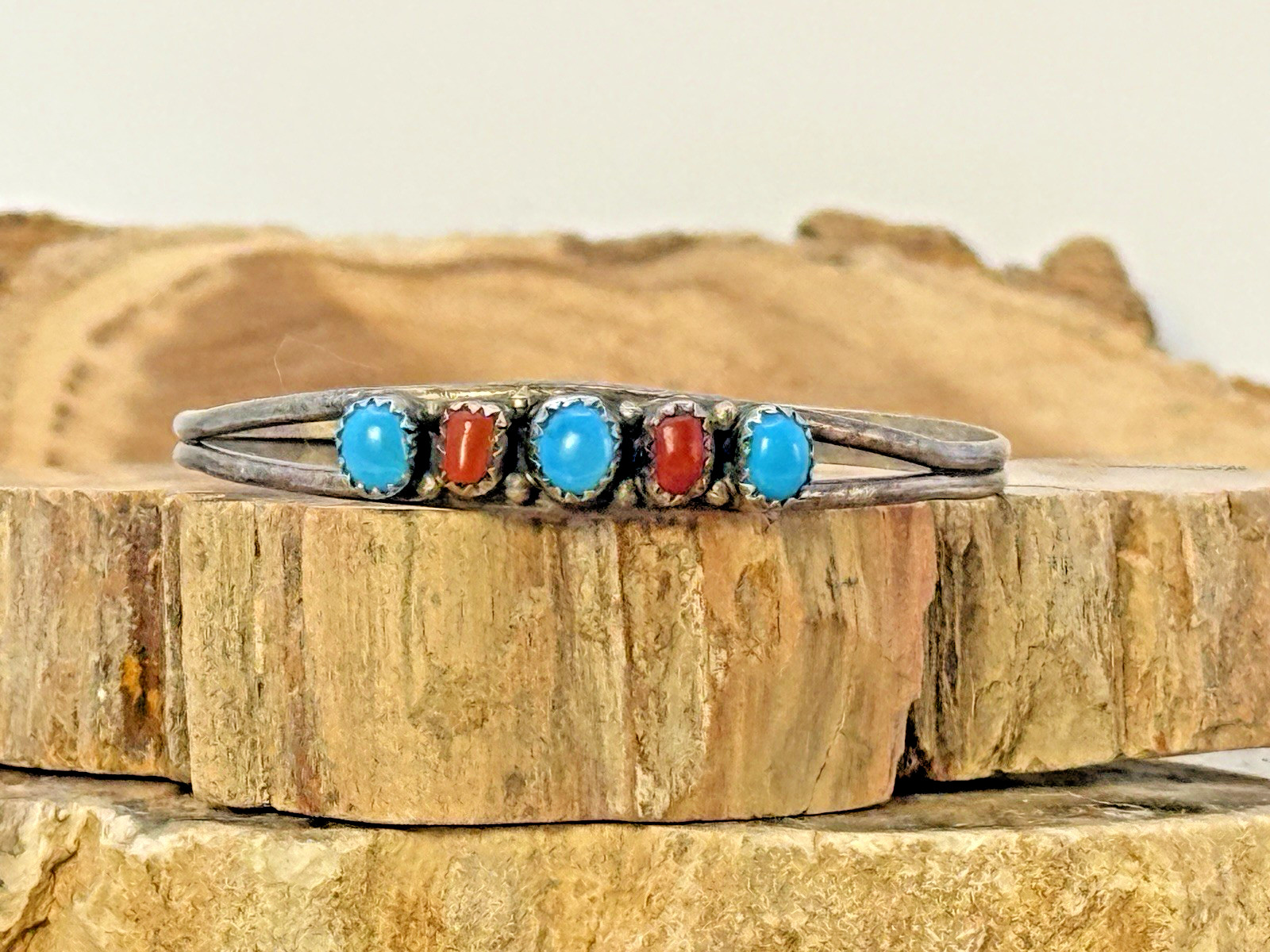 Vintage Native Navajo Sterling Silver Turquoise Coral Petite Bracelet--920.26