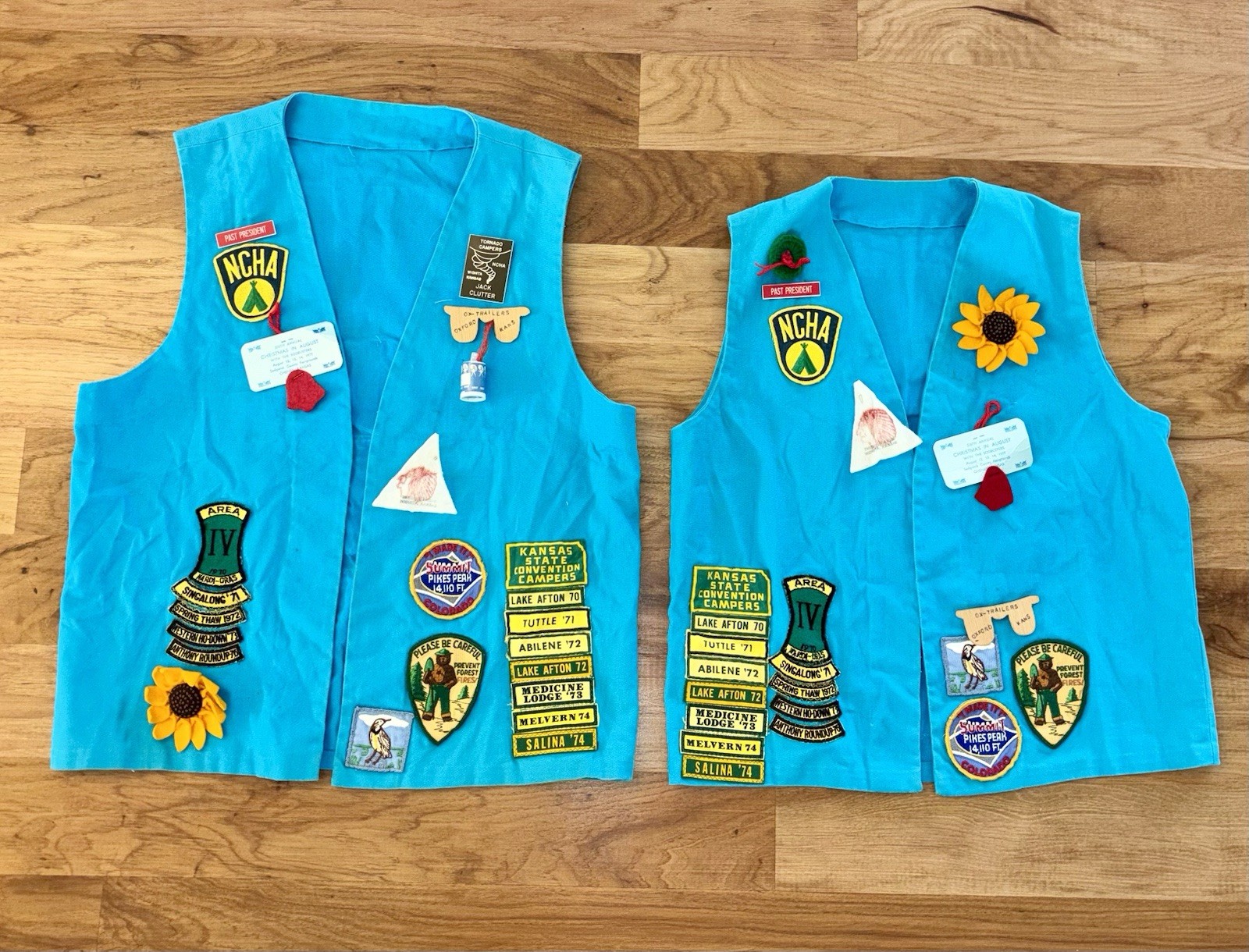 Vintage 1970s NCHA Tornado Campers Hikers Wichita Kansas Patch Vests Lot of 2 Vintage 1970s NCHA Tornado Campers Hikers Wichita Kansas Patch Vests Lot of 2