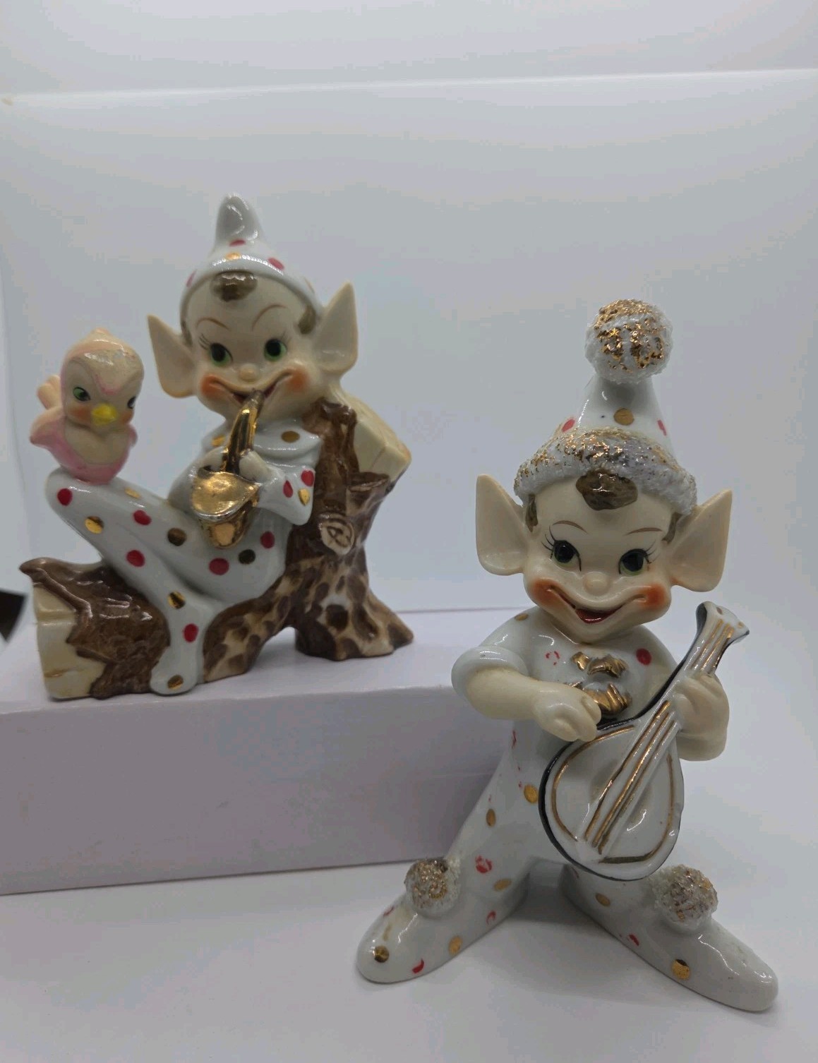 Vintage 1950s Porcelain Polka Dot Pixie Elf Musicians Set of 2 Japan Thames Era