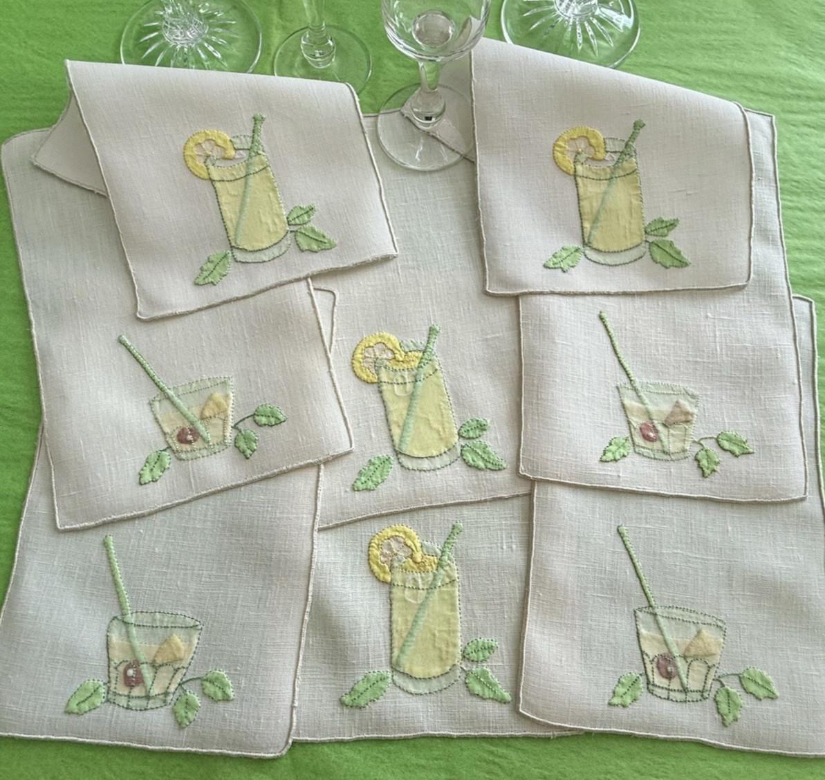 Vintage Cocktail Napkins Madeira Embroidered GARNISHED DRINKS Set 8