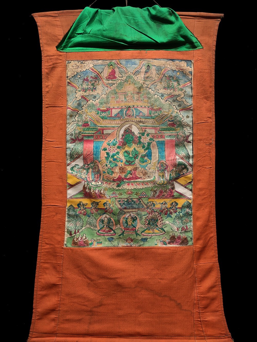 Nice Tibet Vintage Old Buddhist Hand-Painted Thangka Green Tara original state Nice Tibet Vintage Old Buddhist Hand-Painted Thangka Green Tara original state