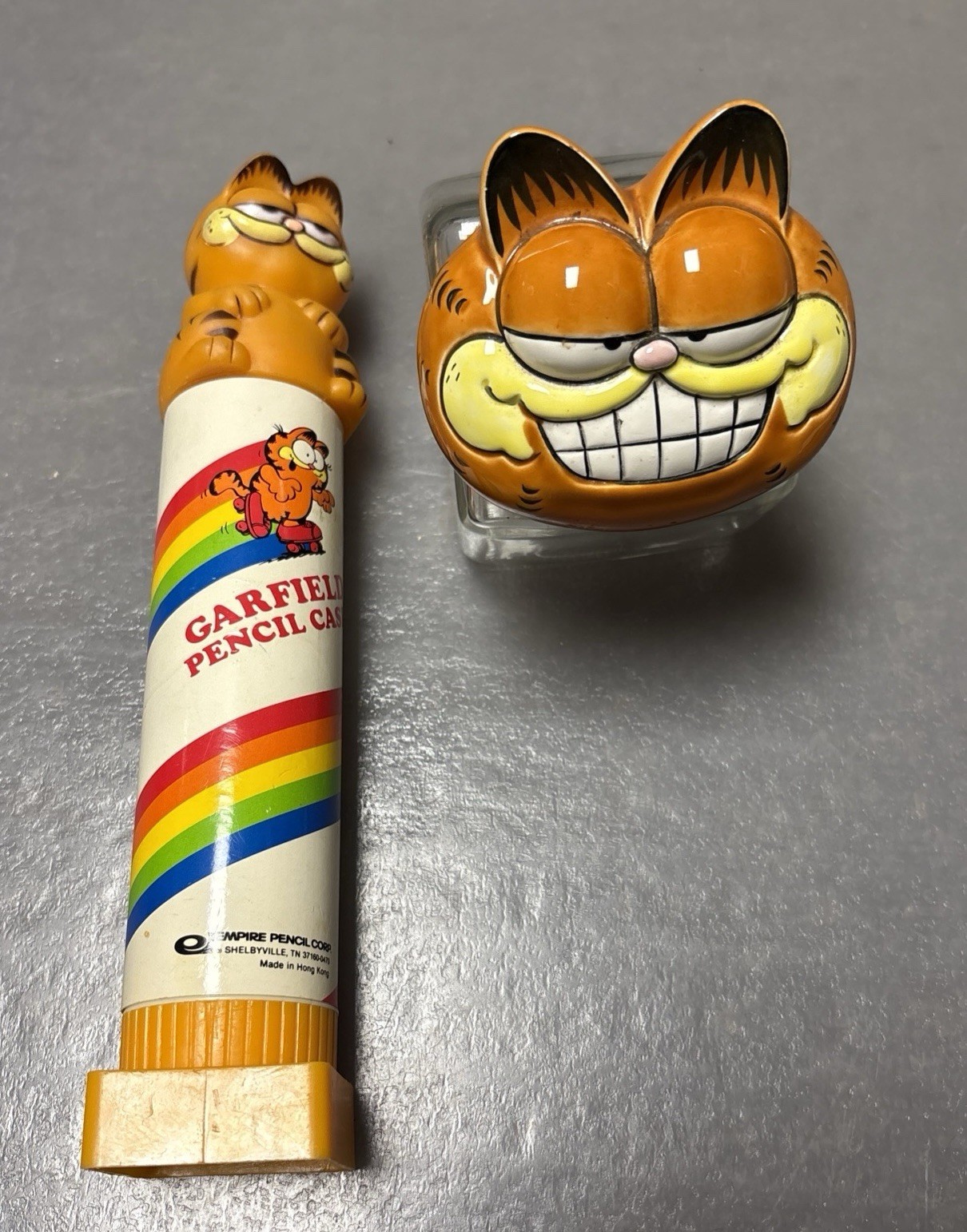 Garfield Jim Davis Ceramic Glass Candy Jar 1978, 1981 Enesco & Pencil Holder
